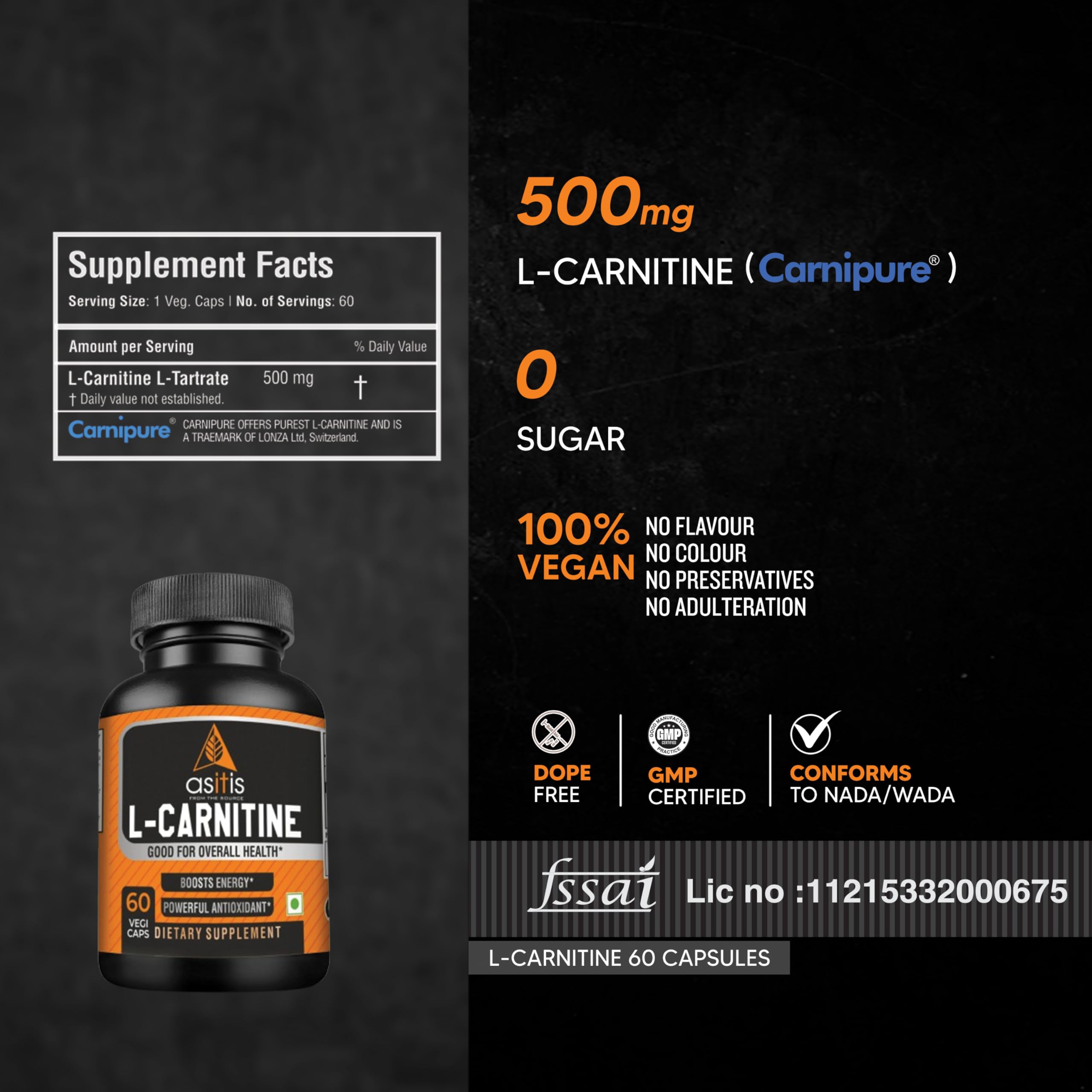 AS-IT-IS Nutrition L-Carnitine 500mg, 60 Capsules | Lab-Tested 60 Count &  AS-IT-IS Nutrition Creatine Monohydrate 100gms