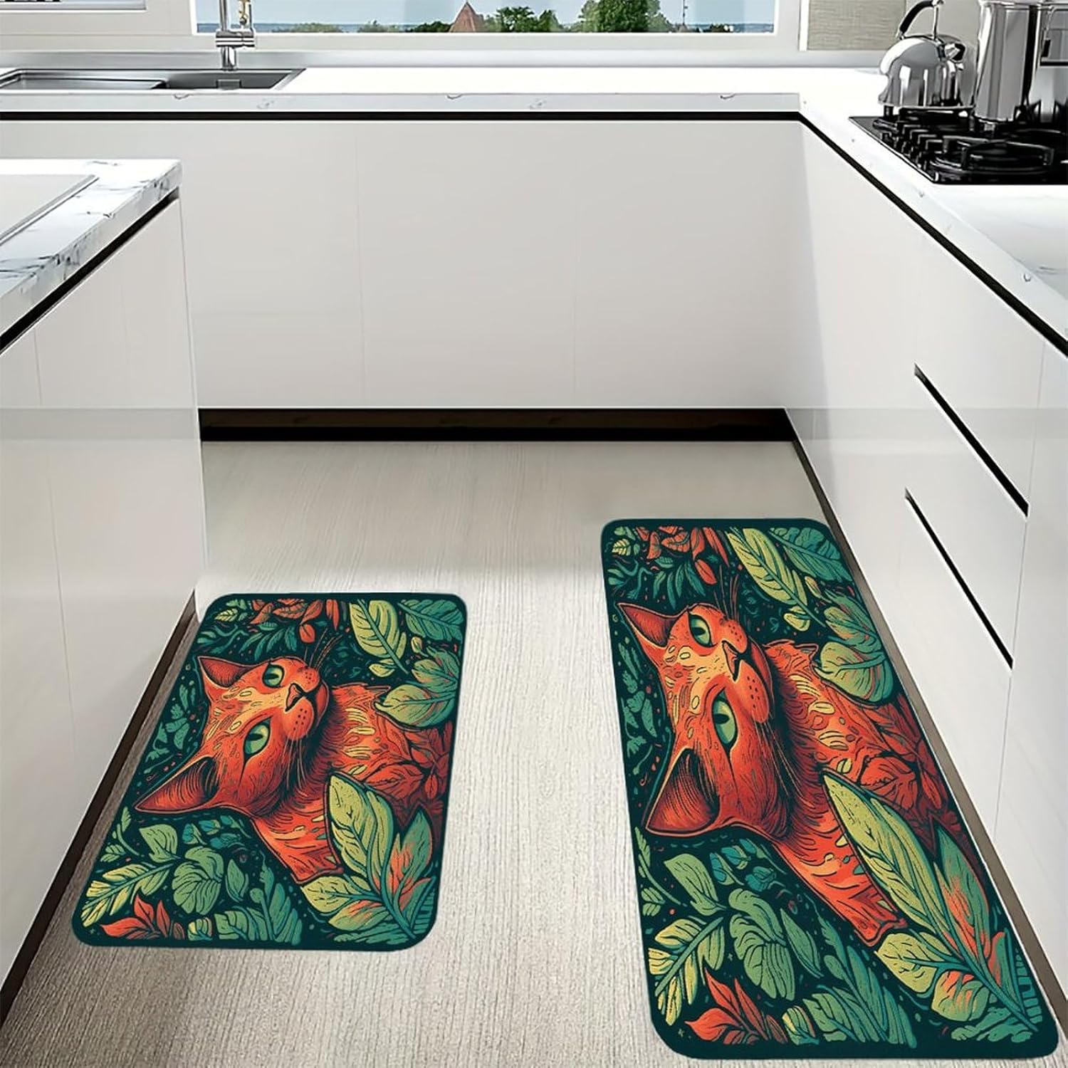 Green Leaf Cat Kitchen Mats with 2PCS Non-Slip Washable,Kitchen Rug Heavy Duty Durable, Floor Mats for Kitchen,Office,Sink,Laundry