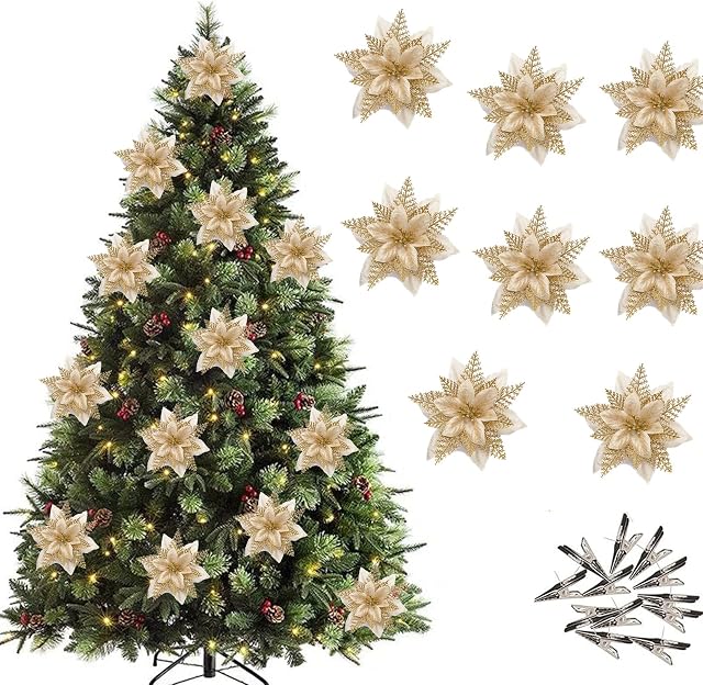 Leixi 12Pcs Christmas Poinsettia Flower Artificial Pointsettia with Clips Christmas Glitter Poinsettia Ornaments Christmas Tree Flower Decorations, DIY Xmas Wreath Holiday Party Decor (Gold)