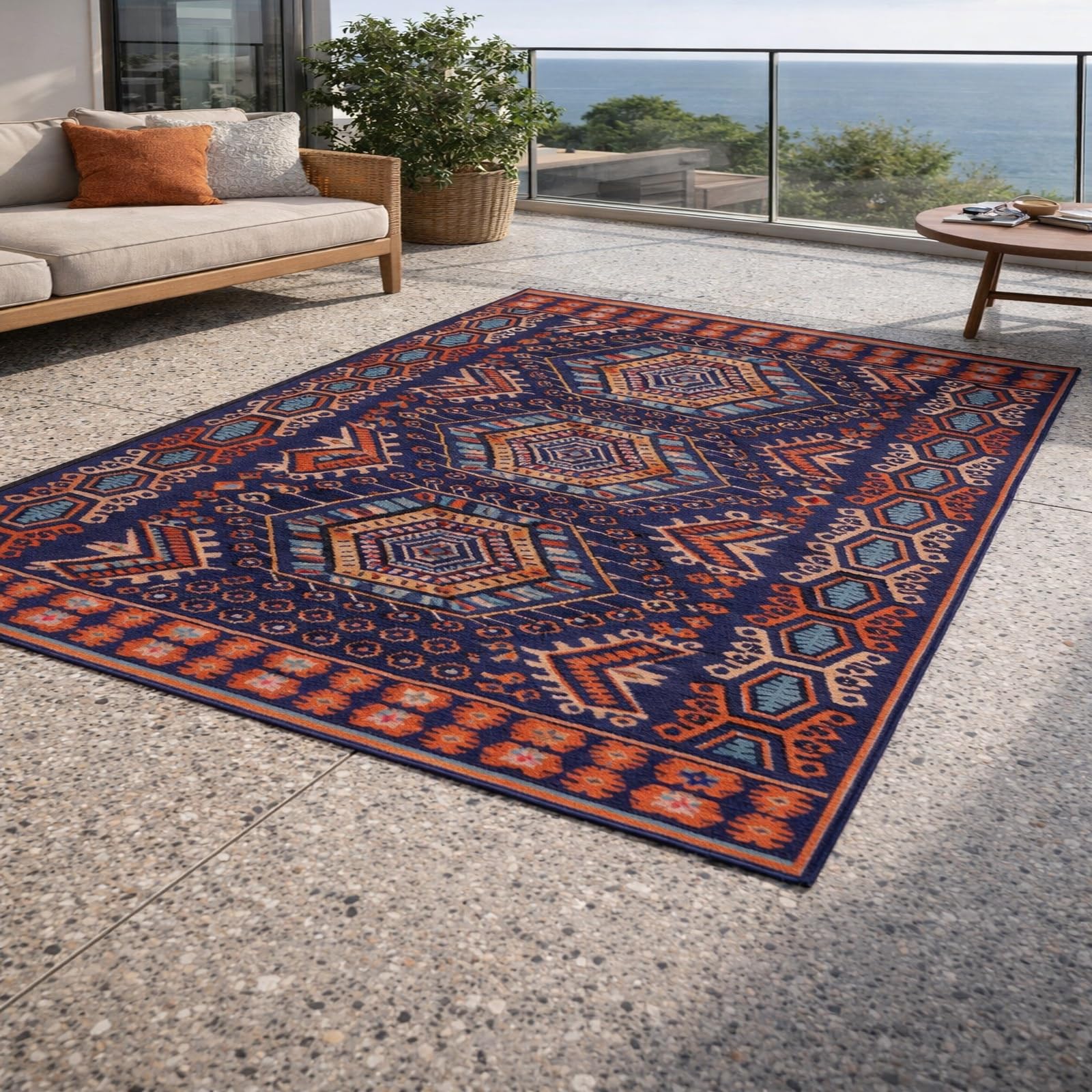 Generisch Dywan nadający się do prania, geometryczny wzór vintage, niebieski, pomarańczowy, różowy, beżowy, 100 x 160 cm, z krótkim włosiem, do kuchni, ogrodu zimowego, wejścia, korytarza, wnętrz