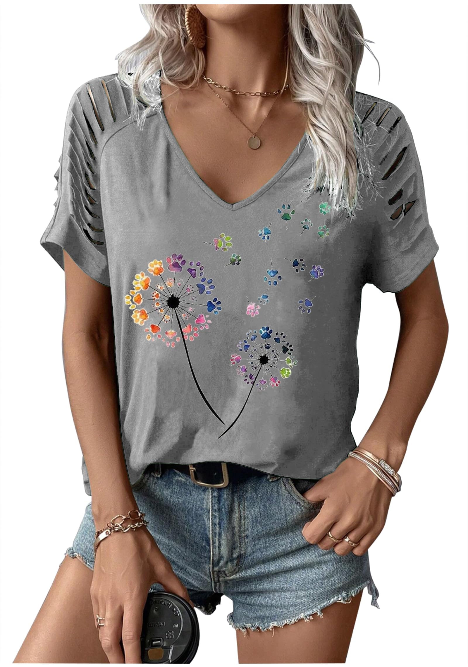 Womens Cut Out Cold Shoulder T Shirts Boho Floral Graphic Tshirts Nashville Country Lacerated Sleeve Cowgirls Tee Tops
