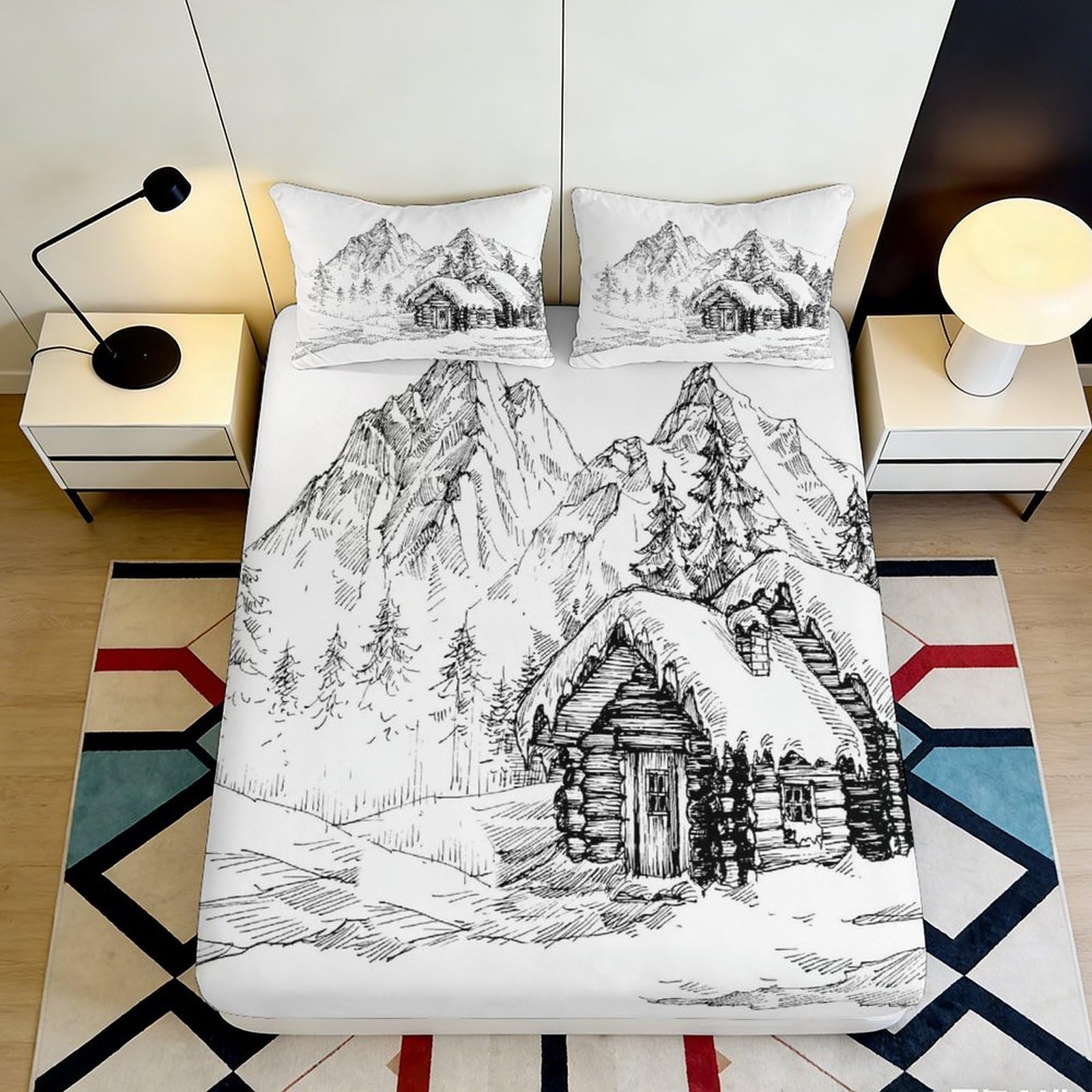 3D Printed Mountain Cabin Fitted Sheet Microfiber Deep Pocket Non-Slip Bedroom Set Snow Scene Mattress Fitted Cover 200x200x25cm