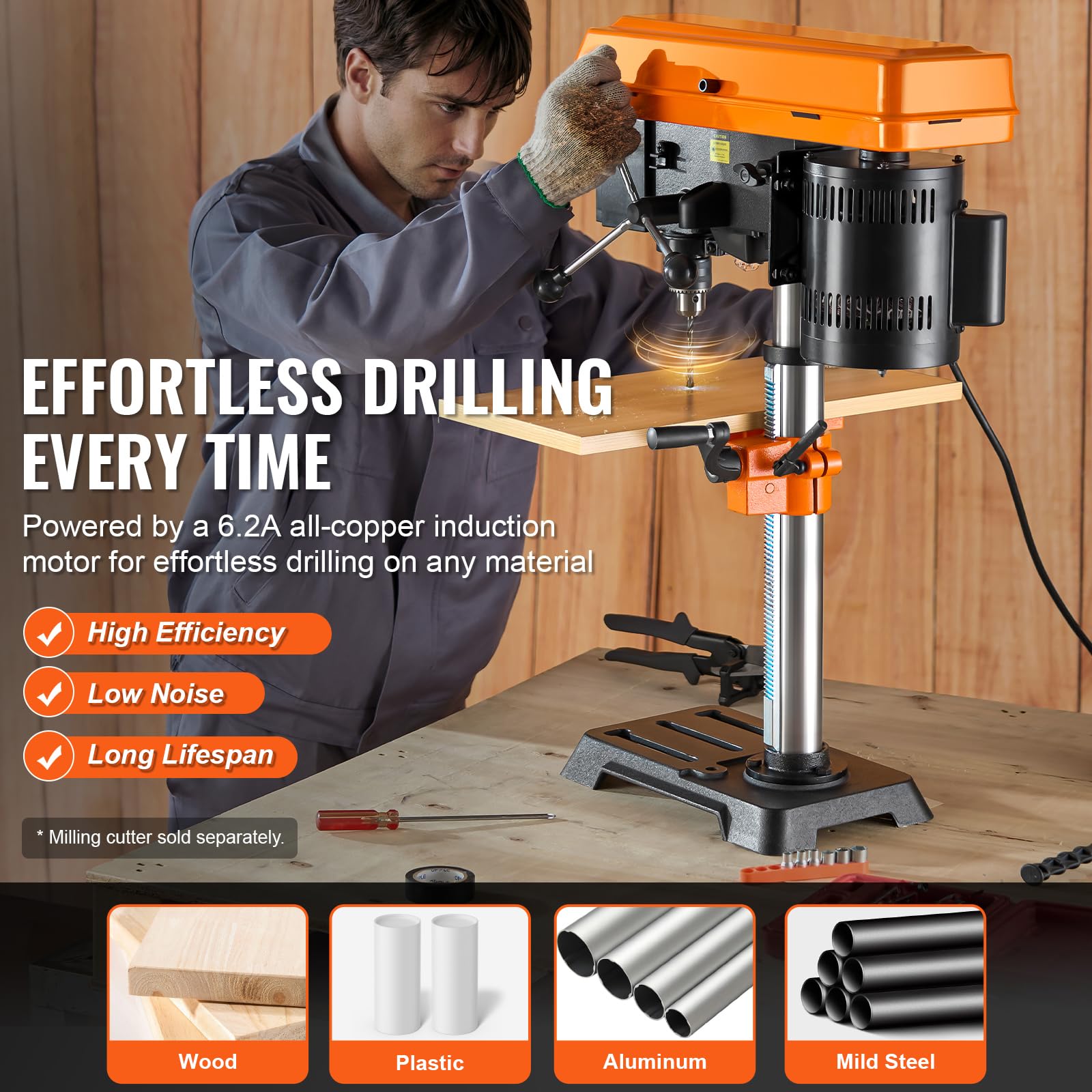 Happybuy 10 in Benchtop Drill Press, 6.2A Induction Motor, Tabletop Drilling Machine with 610-2800 RPM Adjustable Speed, 0-45° Tilting Worktable, LED Work Light for Wood, Metal