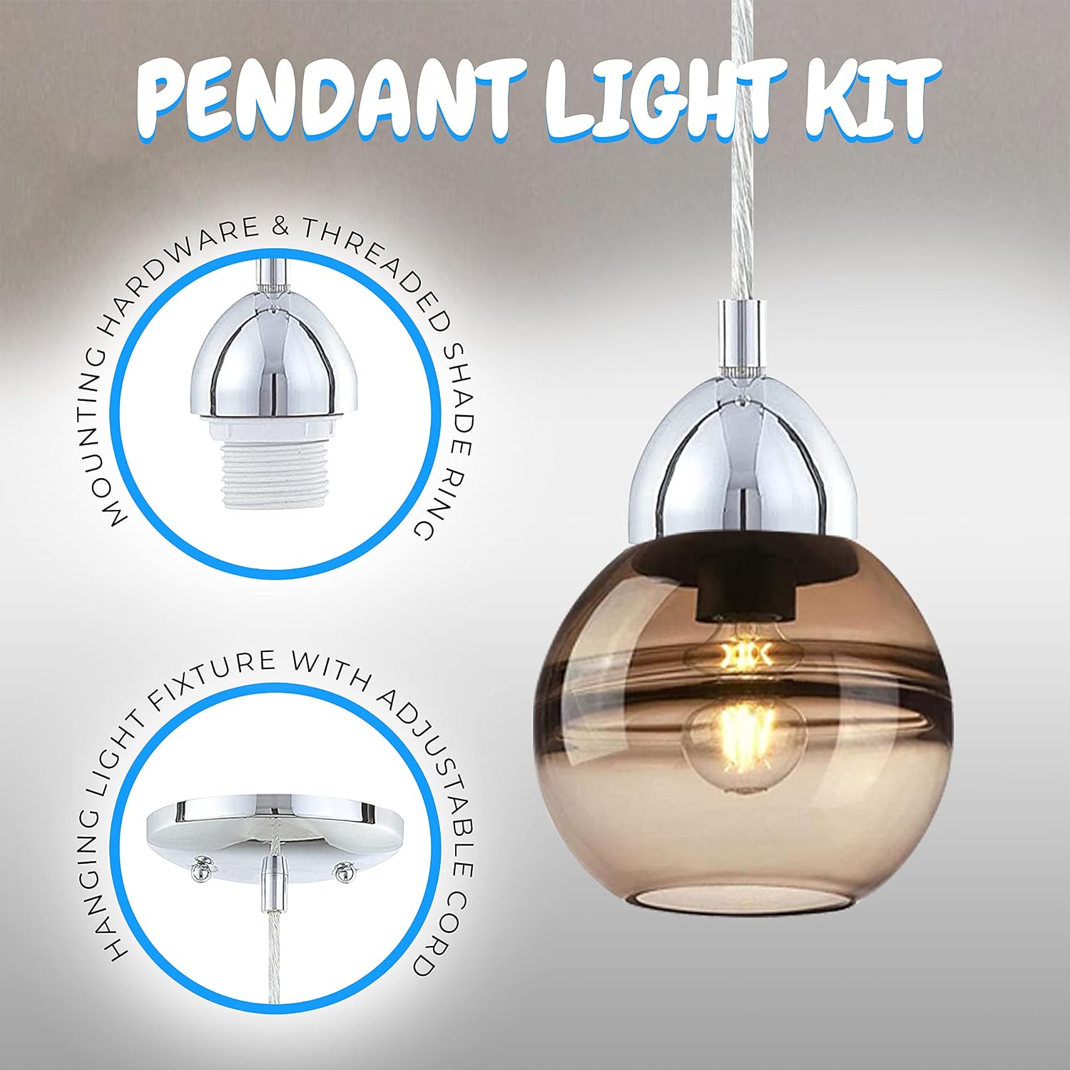 OHLECTRIC One-Light Mini Pendant - Indoor Hanging Light Fixture with Adjustable Cord, Mounting Hardware & Threaded Shade Ring - Ideal for Kitchen, Foyer & Living Room | Brushed Nickel Finish
