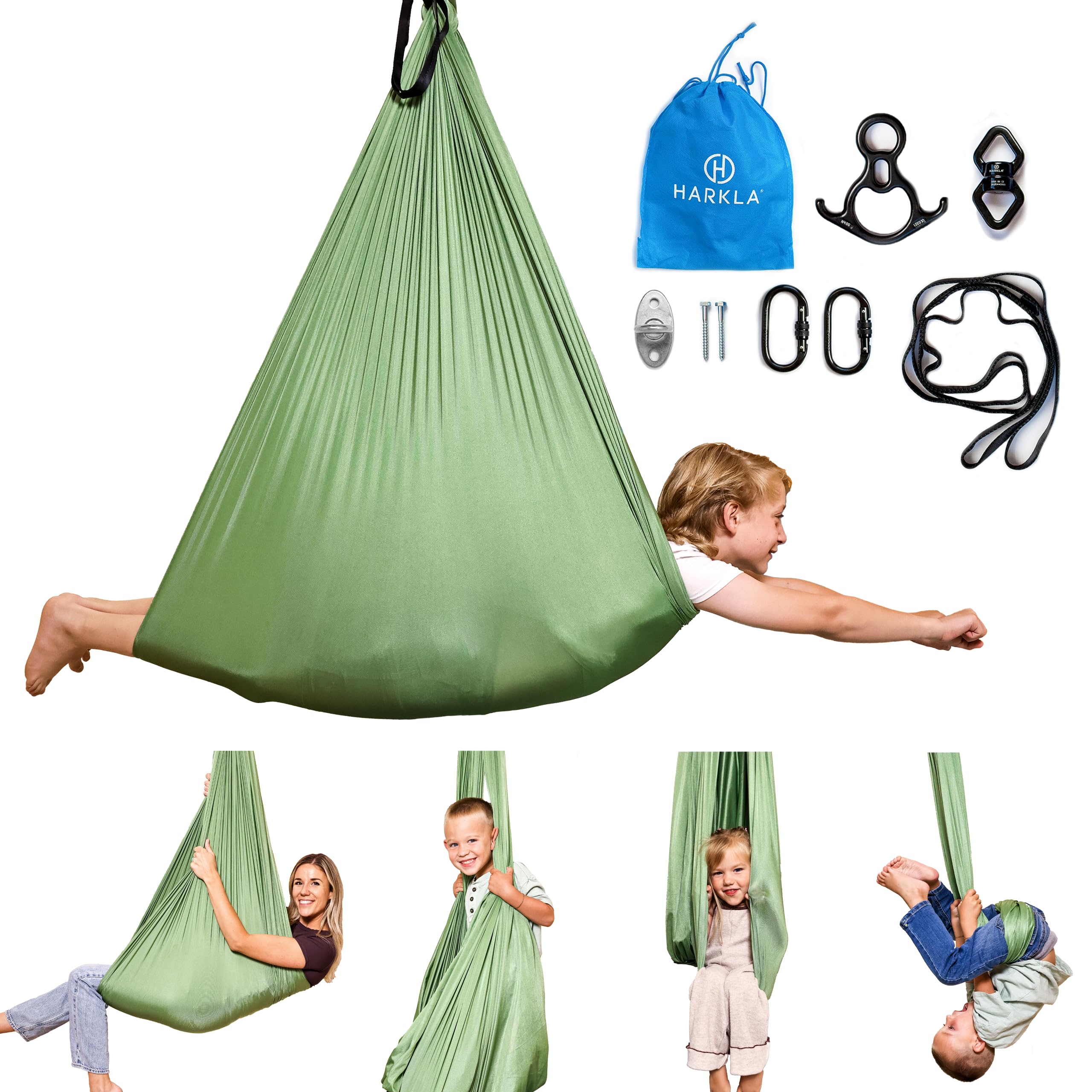 Harkla Sensory Swing - Indoor and Outdoor - Comes with Heavy Duty Hardware and Soft Nylon Fabric for Calming Effect, Holds Up to 135kg (Green, 110" Swing + 5" Swivel)