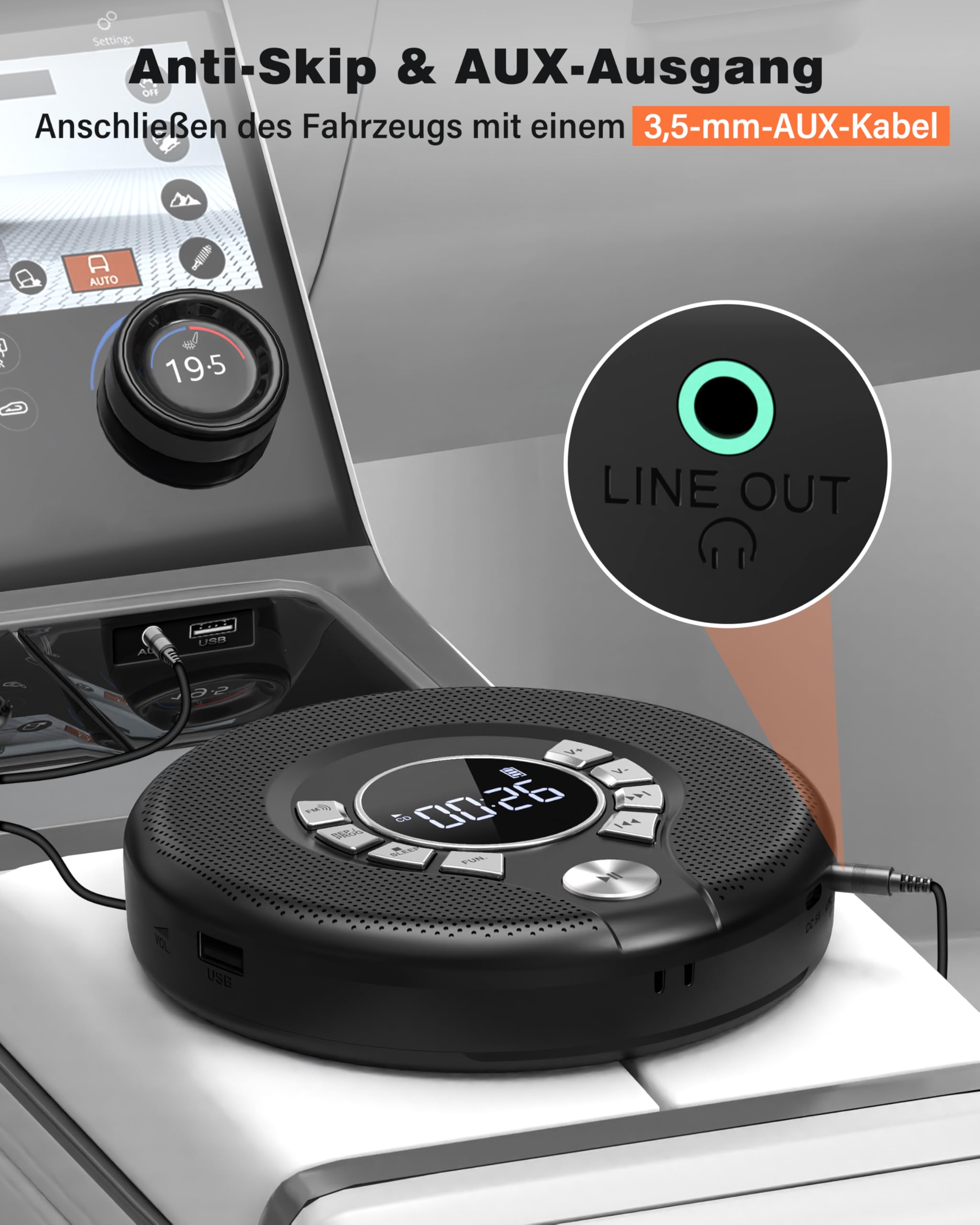 Greadio Discman - Lettore CD Bluetooth portatile con cuffie, lettore CD con anti-skip/antiurto e ricaricabile da 2000 mAh, trasmettitore FM compatibile, USB, uscita AUX, doppio altoparlante HiFi per