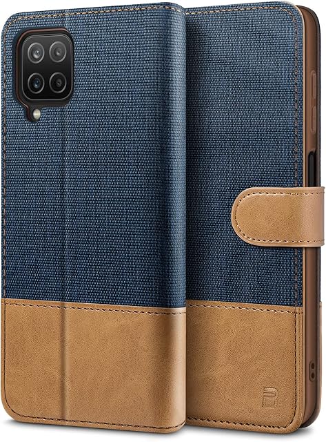 BEZ Samsung A12 Phone Case, Samsung Galaxy A12 Case Compatible with Samsung Galaxy A12, Flip Wallet Cover [Canvas Faux Leather] with Credit Card Holders, Kick Stand, Magnetic Strap Closure, Blue Navy
