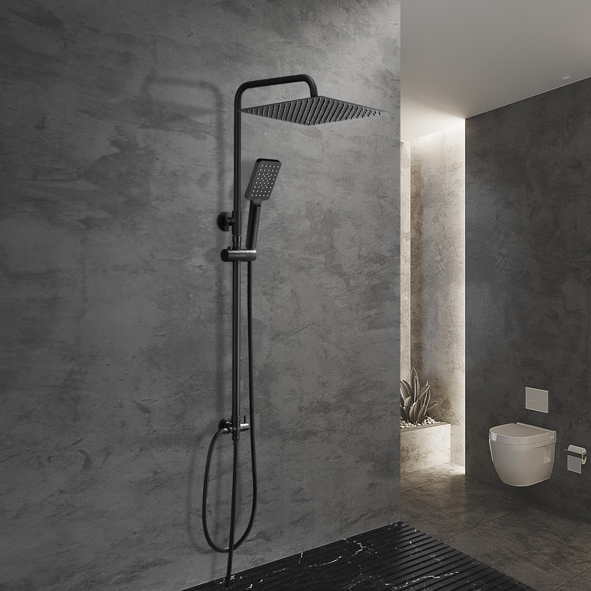 Görbach Black Shower Column Without Taps Adjustable Height for Bathroom, Wall Shower Bath Shower System with Shower Head and Square Rain Head 25 x 25 cm