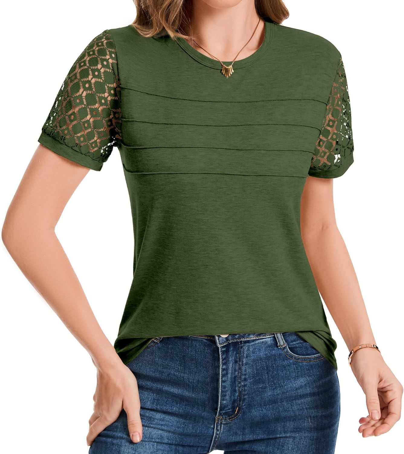 Ammiko 2025 Women's Short Sleeve Tops Summer Shirts Lace Spring Dressy Casual T-Shirts Trendy Cute Work Outfits Blouses