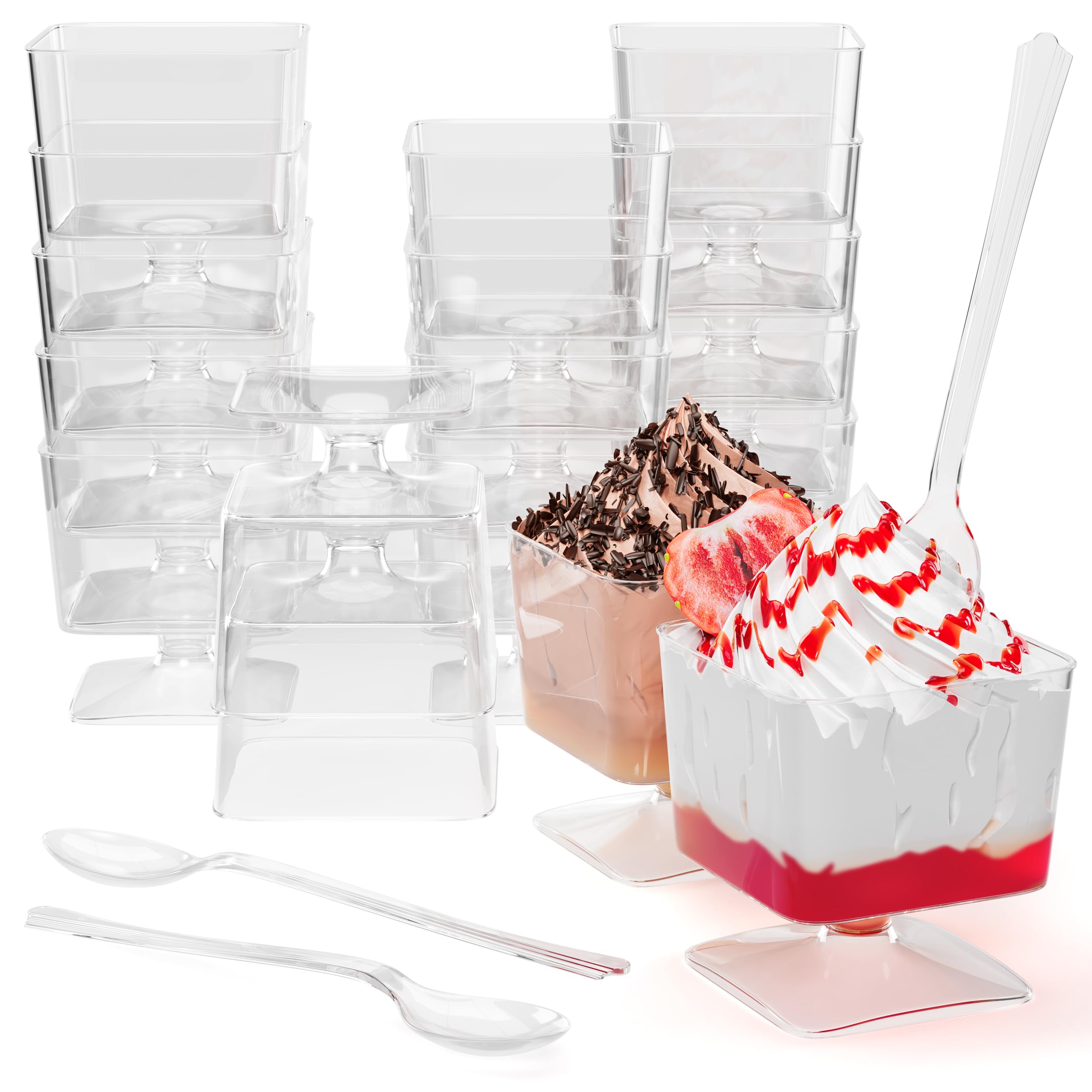 Exquisite Mini Dessert Cups With Spoons 1,000 Pcs - 2 Oz Square Clear Plastic Pudding Cups Disposable With Tasting Spoons 500 Sets | Mini Parfait Cup