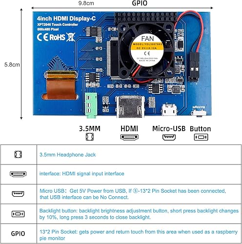 Miniatura 5 de Miuzei Raspberry Pi 4 Pantalla táctil con ventilador de funda, pantalla LCD IPS de 4 pulgadas, monitor HDMI 800 x 480 para RPI 4b 8 gb/4 gb/2 gb con