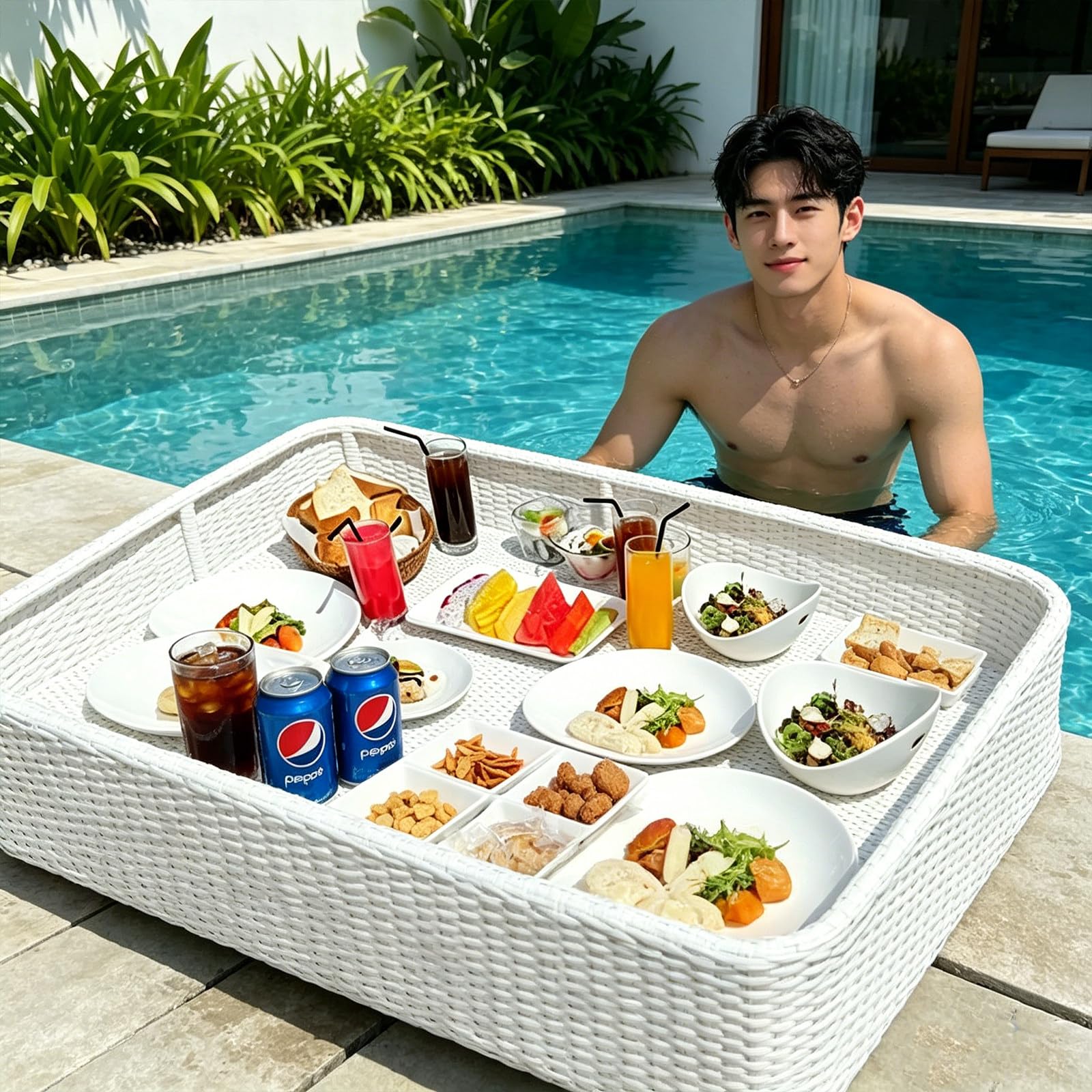 Barra Galleggiante per Piscina – Grande Vassoio Galleggiante in Gomma Eva massiccia, Design Anti-rovesciamento – Ideale per Festa in Piscina, Barbecue in Giardino o Jacuzzi Rectangle-White