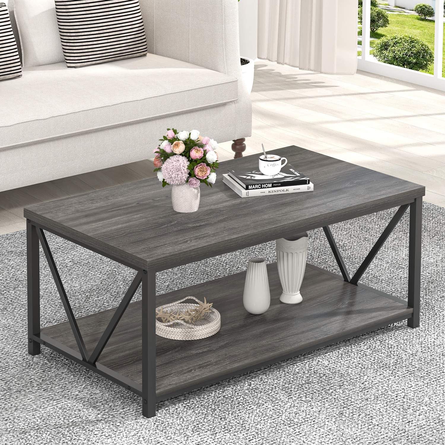 FOLUBAN Coffee Table with Storage Modern Small Center Tables for Small Spaces Rustic Wood and Metal Cocktail Table