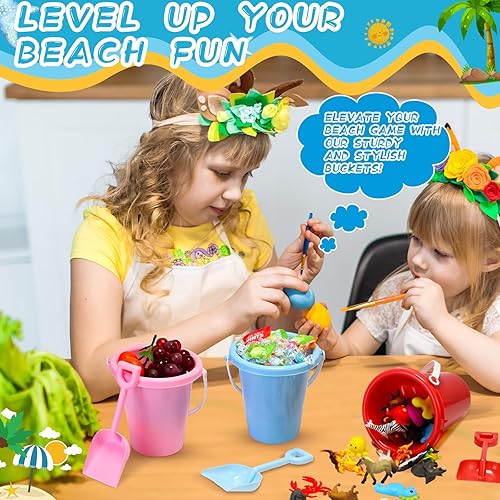 Miniatura 5 de Silipull Cubos de arena y palas para niños, cubo de playa de 5.5 pulgadas con asas, palas de playa de plástico, regalos de fiesta de verano, fiesta