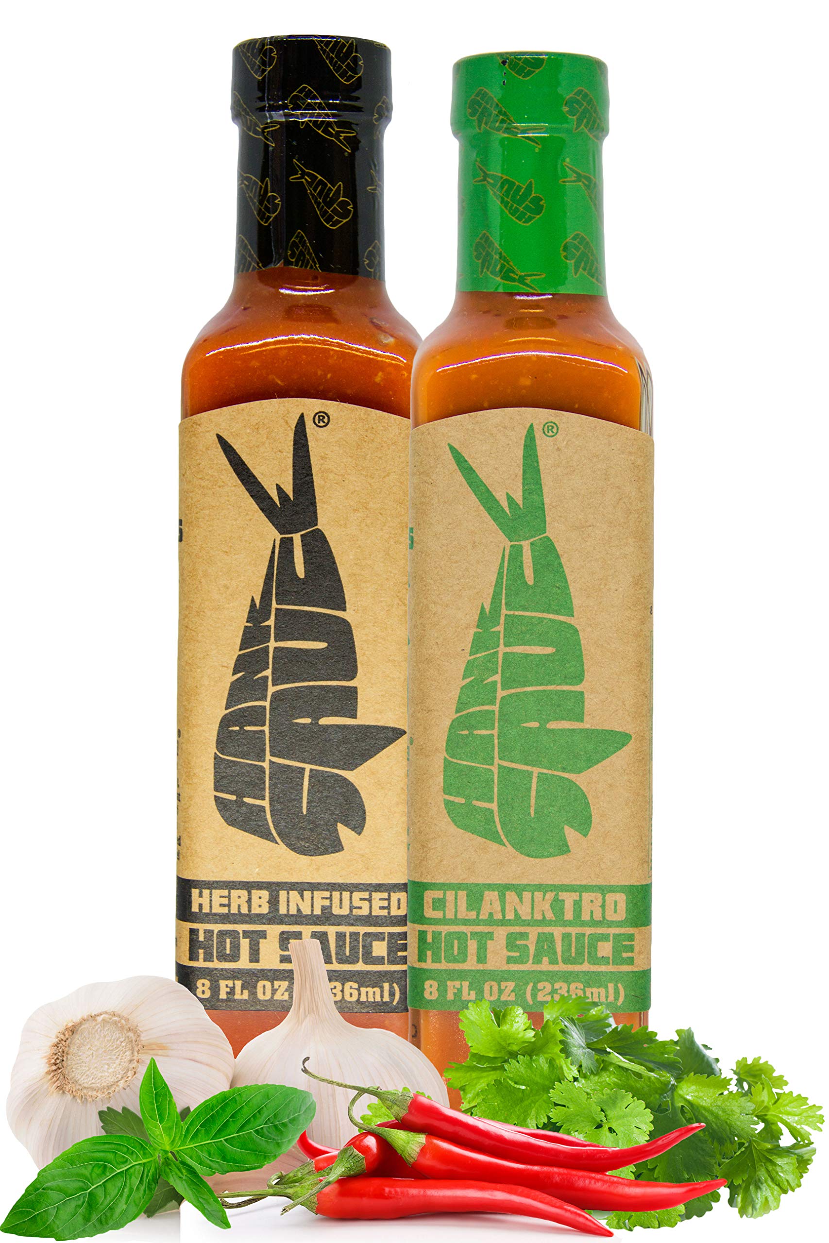 Hank Sauce Hot Sauce Variety Pack - Versatile Hot Pepper Sauce with Fresh Garlic, Herbs & Peppers - Hot Garlic Sauce with Mild Heat & Unique Flavors - Herb-Infused & Cilanktro - 2 x 8 Ounces
