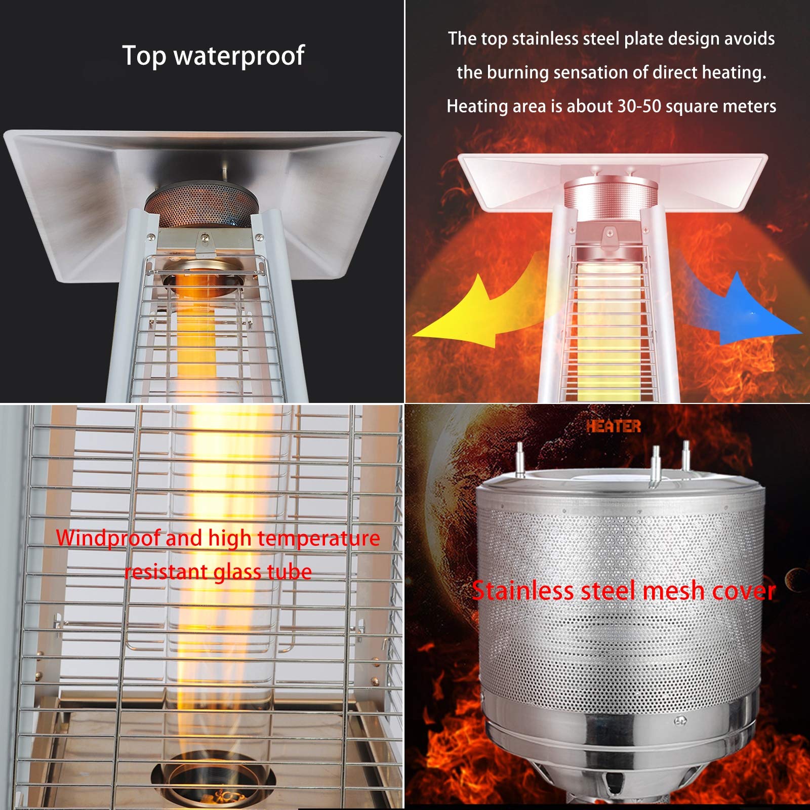Stufa a piramide per patio, 42000 BTU, riscaldatore a propano per esterni, con ruote e tubo in vetro al quarzo, per interni ed esterni