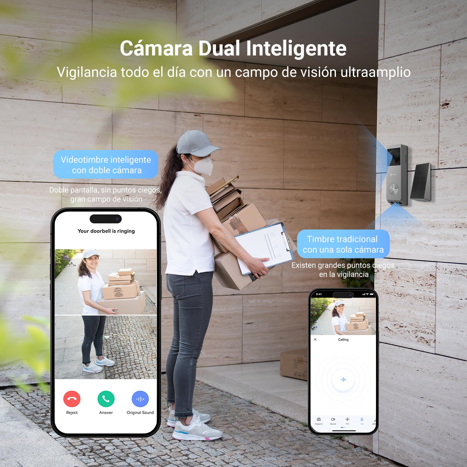 EZVIZ EP3x Pro Timbre Inalámbrico Exterior con Cámara Doble y Panel Solar, 2K+2MP, Detección de Personas, Visión Nocturna en Color, Impermeable