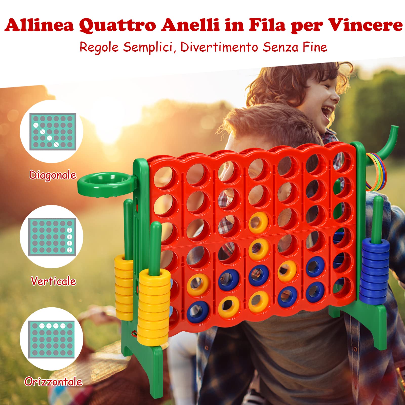 GYMAX Gioco Forza 4 Gigante 3 in 1, Anelli di Lancio, Canestro e Pallacanestro, per Bambini e Adulti, 84 x 33 x 74 cm (Verde)