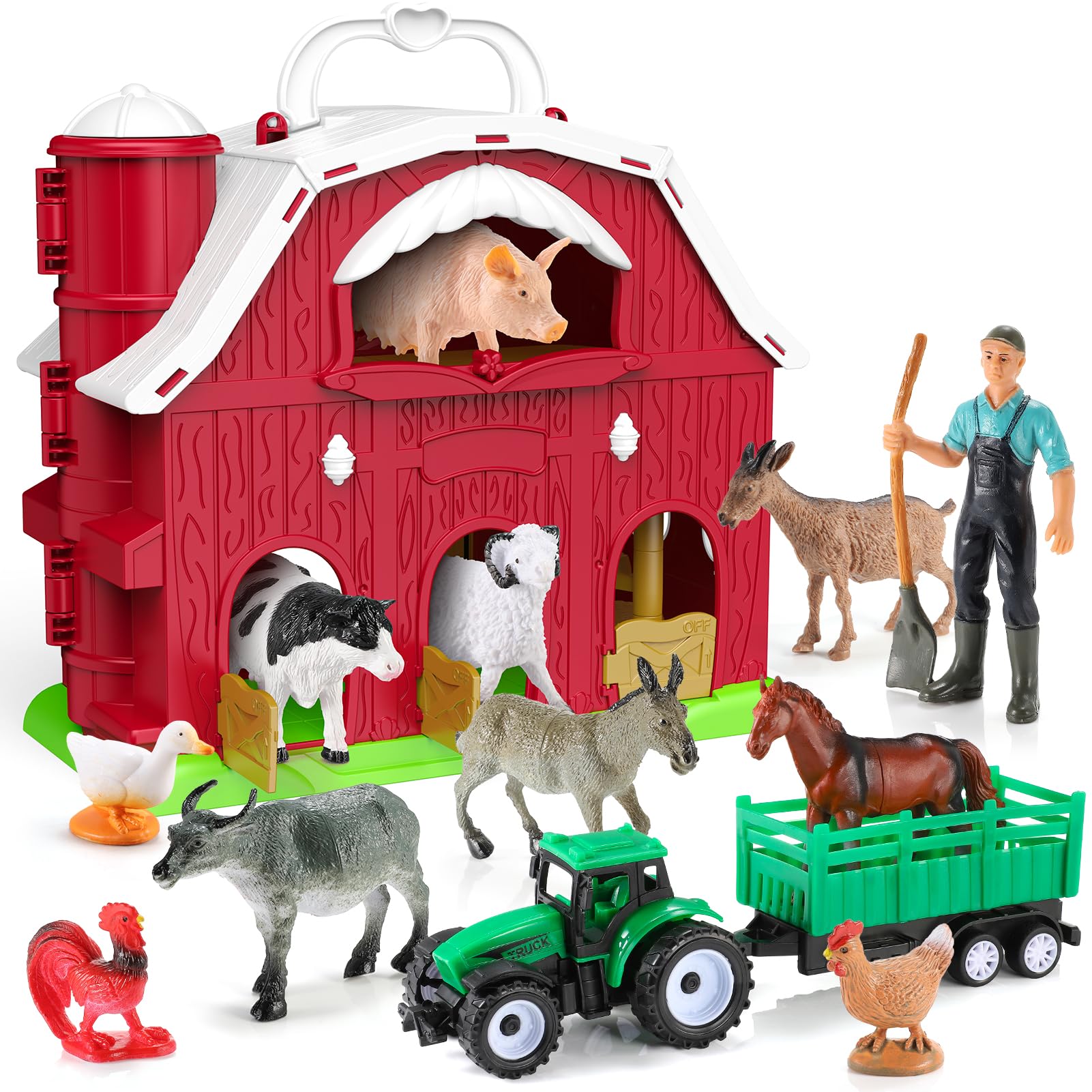 HappyKidsClub Giochi Fattoria Montessori per Bambini 1-4 Anni, Set Fienile Apribile con 10 Animali & Contadino & Camion- Giocattoli Educativo Portatile per Bambino - Idea Regalo Bambini 1 2 3 4 anni