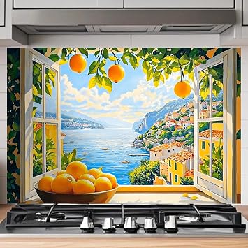 Nuxovilar Peel and Stick Backsplash Mediterranean Orange Sea View Pattern Backsplash Tile 17.72"x27.56", Peel and Stick Backsplash for Kitchen, Ideal for Coastal Kitchens, Mediterranean Spaces