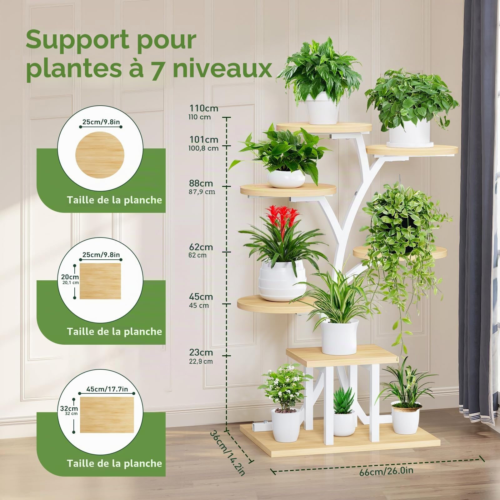 Support Plantes Interieur avec Lampes de Croissance,7 Niveaux Porte Plante Interieur,110cm Etagere Plantes Interieur le Balcon du Jardin, Salon, Bureau, Noir