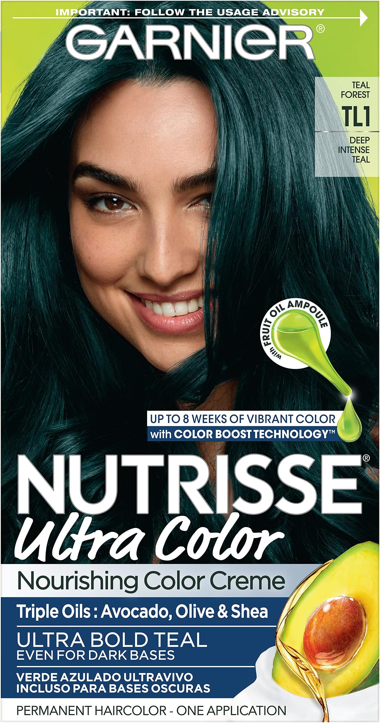 Garnier Nutrisse Ultra Nourishing Hair Color Creme with Triple Oils, Permanent Dye for 100 Percent Gray Coverage, Teal Forest TL1