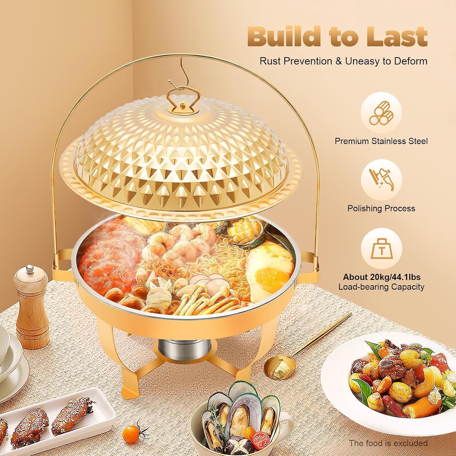 Juego de Calentador de Alimentos Redondo de Acero Inoxidable con Tapa, Estructura de trípode y Soporte para Combustible para Catering, Fiestas y Bodas. (D,8L/8.5Qt)