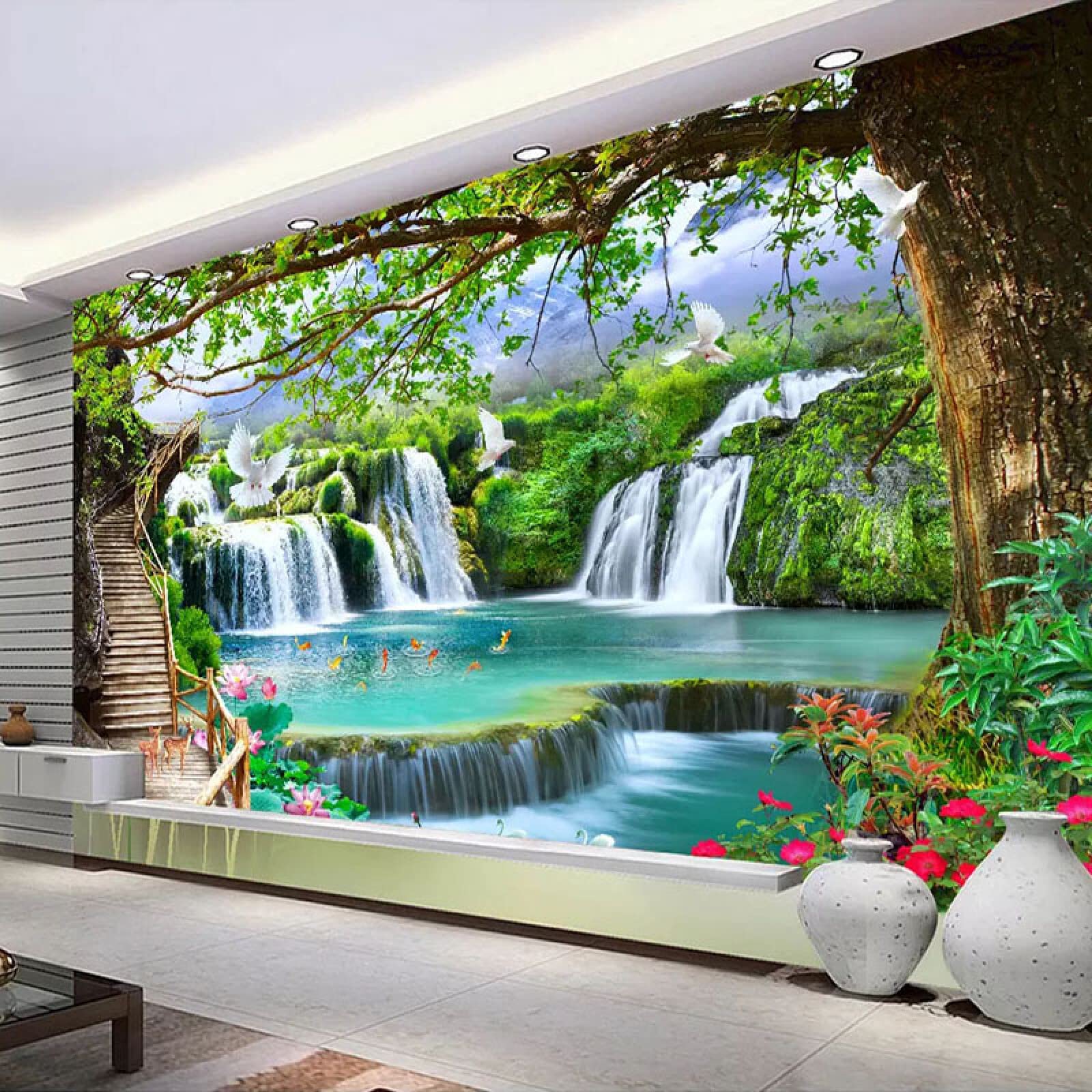 Verde Grande Albero Cascata Natura Paesaggio Pittura Murale Personalizzata Foto 3D Carta Da Parati Per Soggiorno Tv Sfondo Murale 250Cm(W)×175Cm(H)
