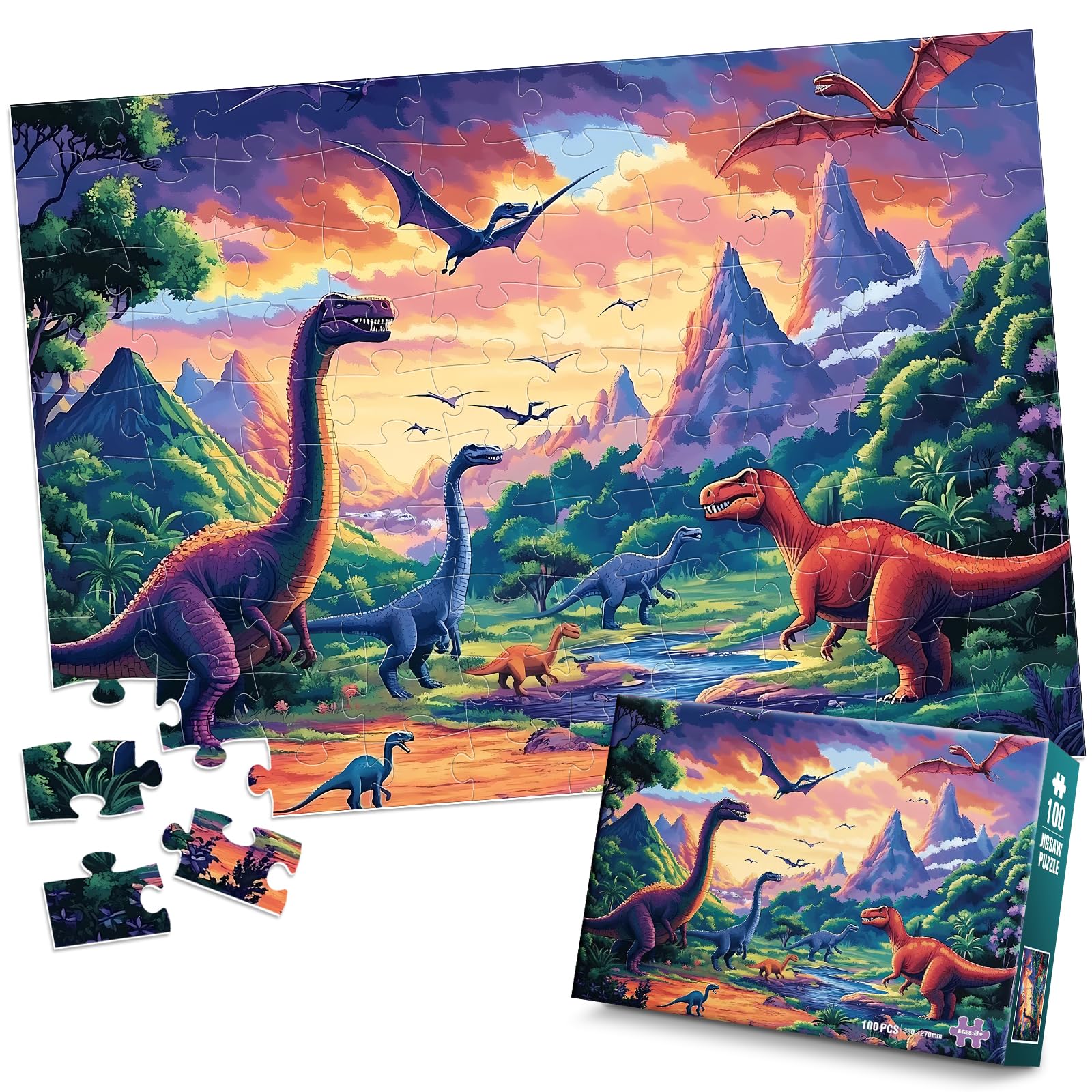 100 Piece Puzzles for Kids Ages 4-6 6-8 8-10, Large Piece Dinosaur Jigsaw Puzzle for Kid Boys 4-10 Year Old, Kids Puzzles Ages 5-8 Children Learning