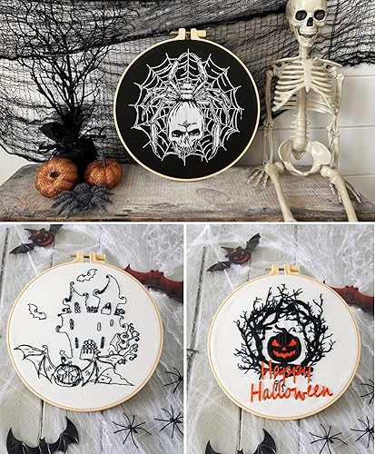 Miniatura 4 de Armindou Kit de bordado de Halloween para principiantes y adultos, kit de punto de cruz estampado para adultos principiantes, kit de bordado a mano