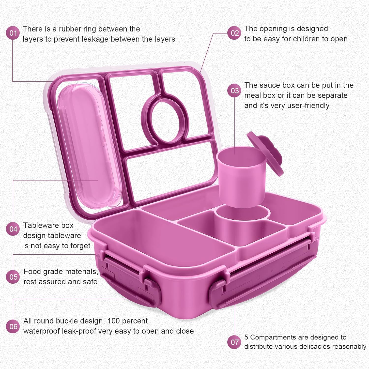 Bento Box Adult Lunch Box Kids,Lunch Containers for Adults/Kids/Toddler,5 Compartments Bento Lunch Box with Sauce Vontainers,Microwave & Dishwasher & Freezer Safe,BPA-Free (Purple)