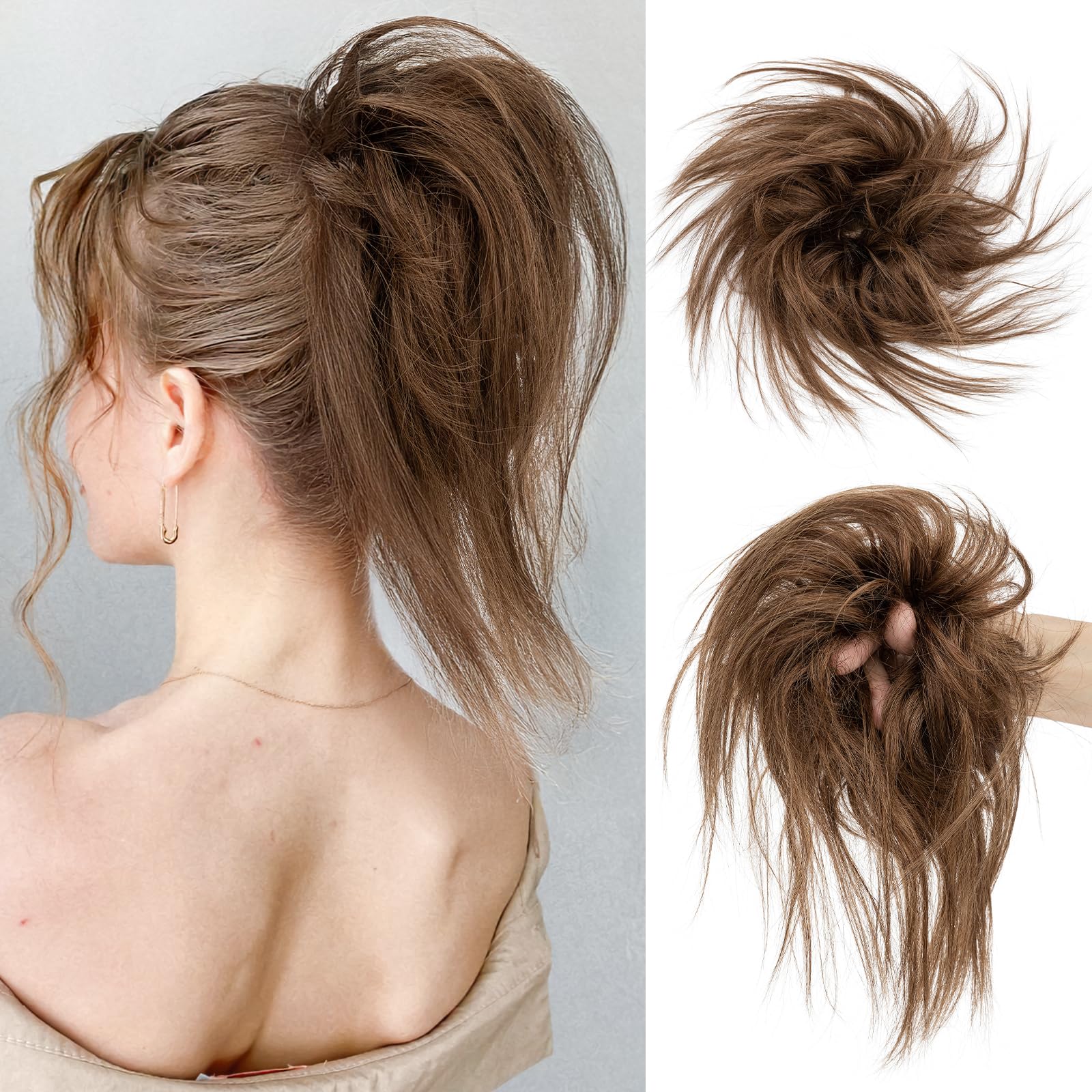 SEGO Messy Bun Hair Piece Human Hair Hairpieces for Women Girls Wavy Curly Bun Scrunchies Ponytail Extensions 29g,06 Dark Linen