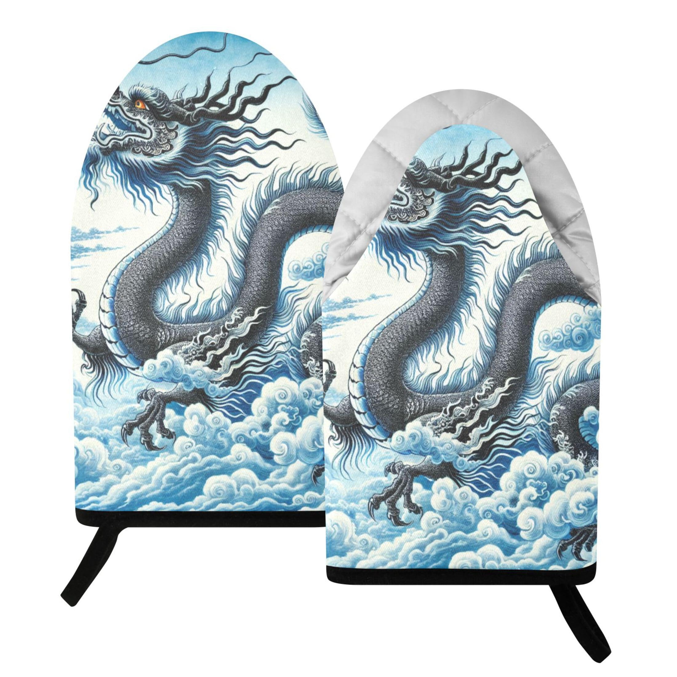 Fuauuyl Oven Mitts Heat Resistant Kitchen Gloves, Dragon Clouds Sky Classic Oven Gloves with Hanging Loop for Baking BBQ Cooking Grilling, 1 Pair, 9.5 in