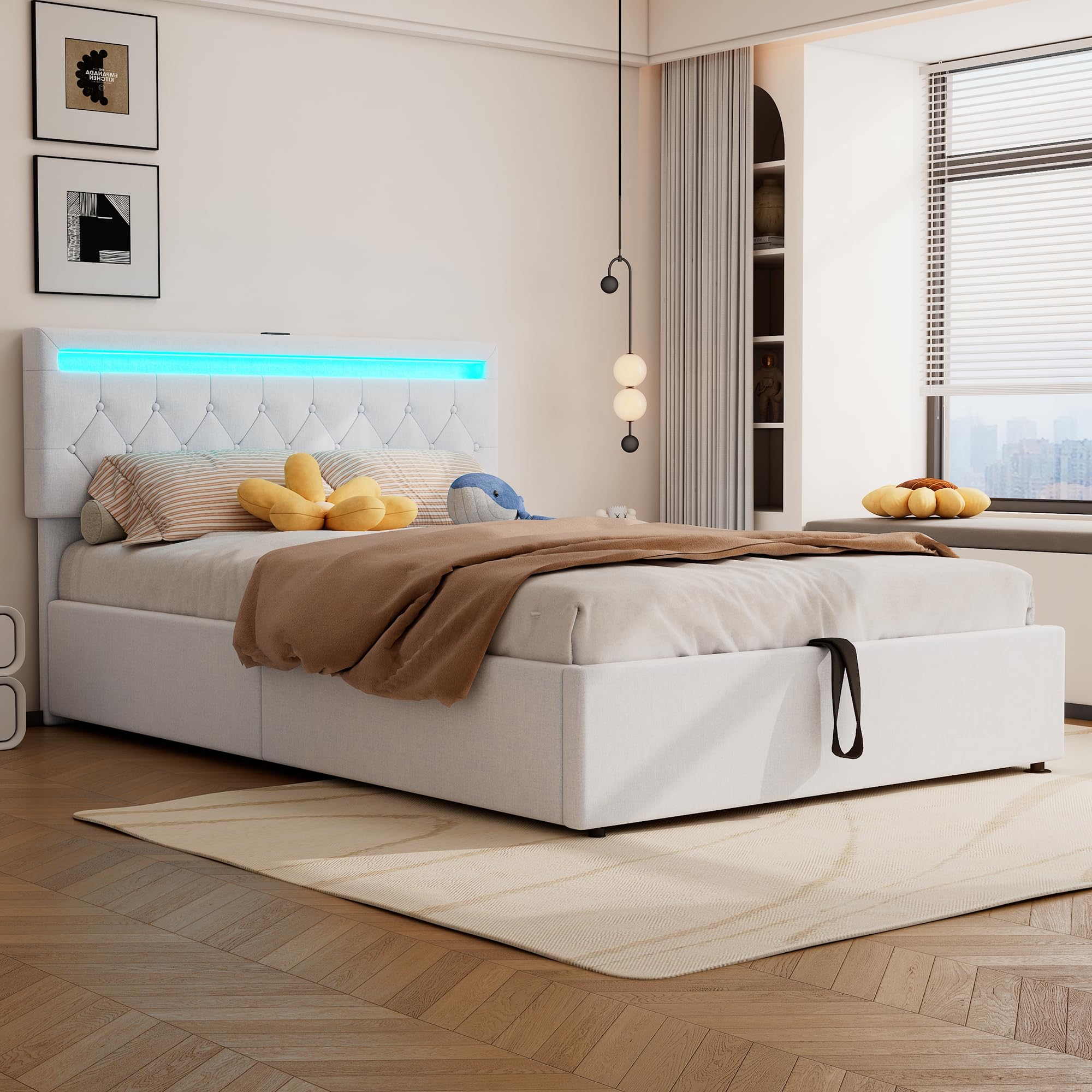 LAKFEW Cama Matrimonio Cama 140x200 cm con USB y LED, Camas Matrimoniales con Almacenamiento Hidráulico, Camas Juveniles Cama Doble con Cabecero Ajustable y Somier Metálico, Lino, Blanco, Sin Colchon