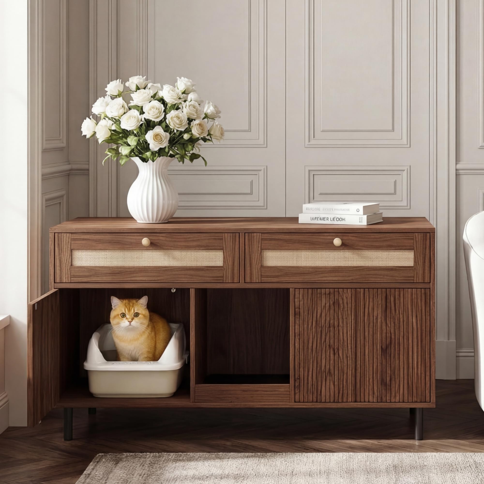 BTM Modernes Katzenkloschrank für 2 Katzen mit Schubladen, Sandfangmatte Verstecktes Katzenklo mit Aufbewahrung Nussbaumfarb