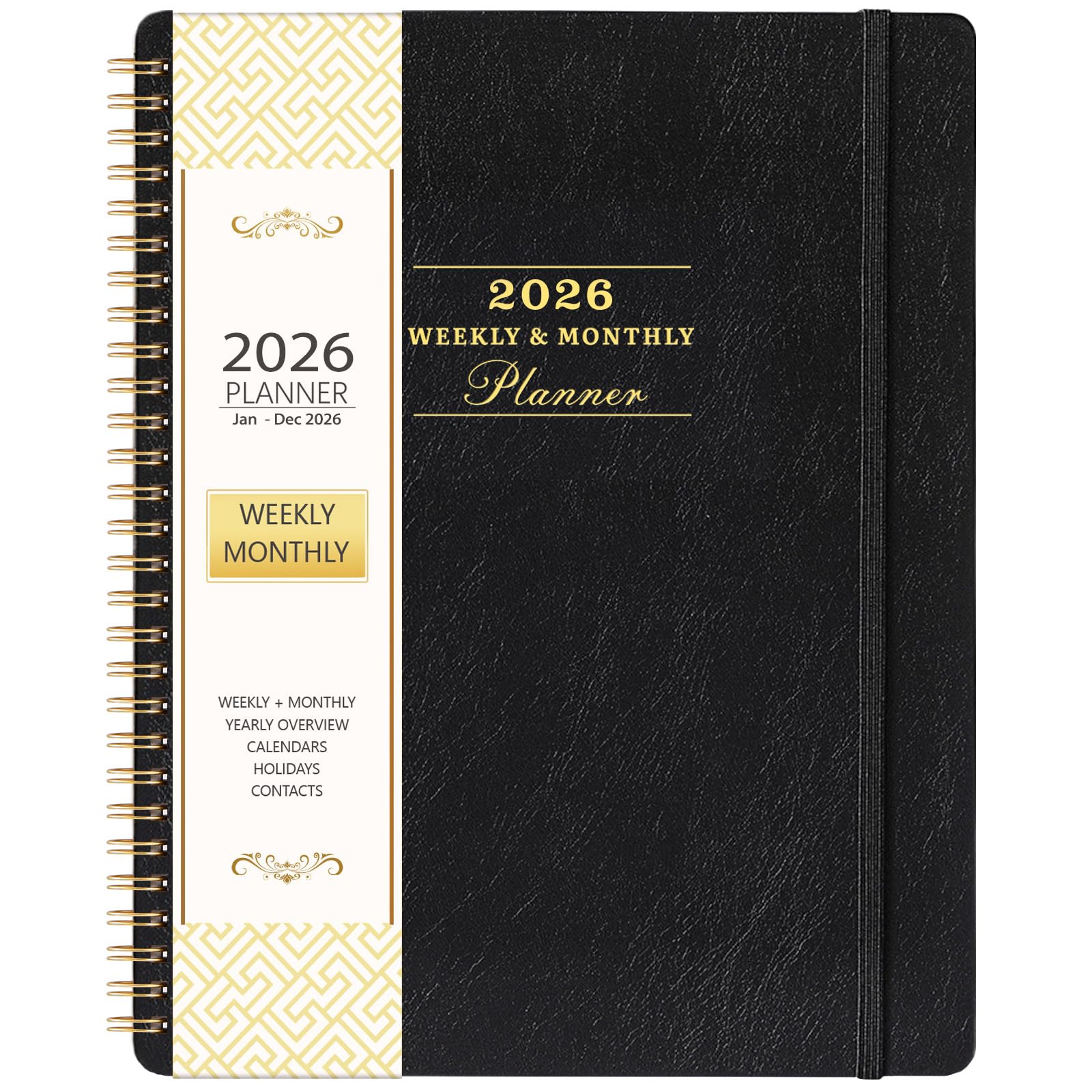 2026 Planner - Planner 2026, JAN 2026 - DEC 2026, 9" x 11", 2026 Weekly Monthly Planner, Elastic Closure, Tabs, Spiral Bound, Black