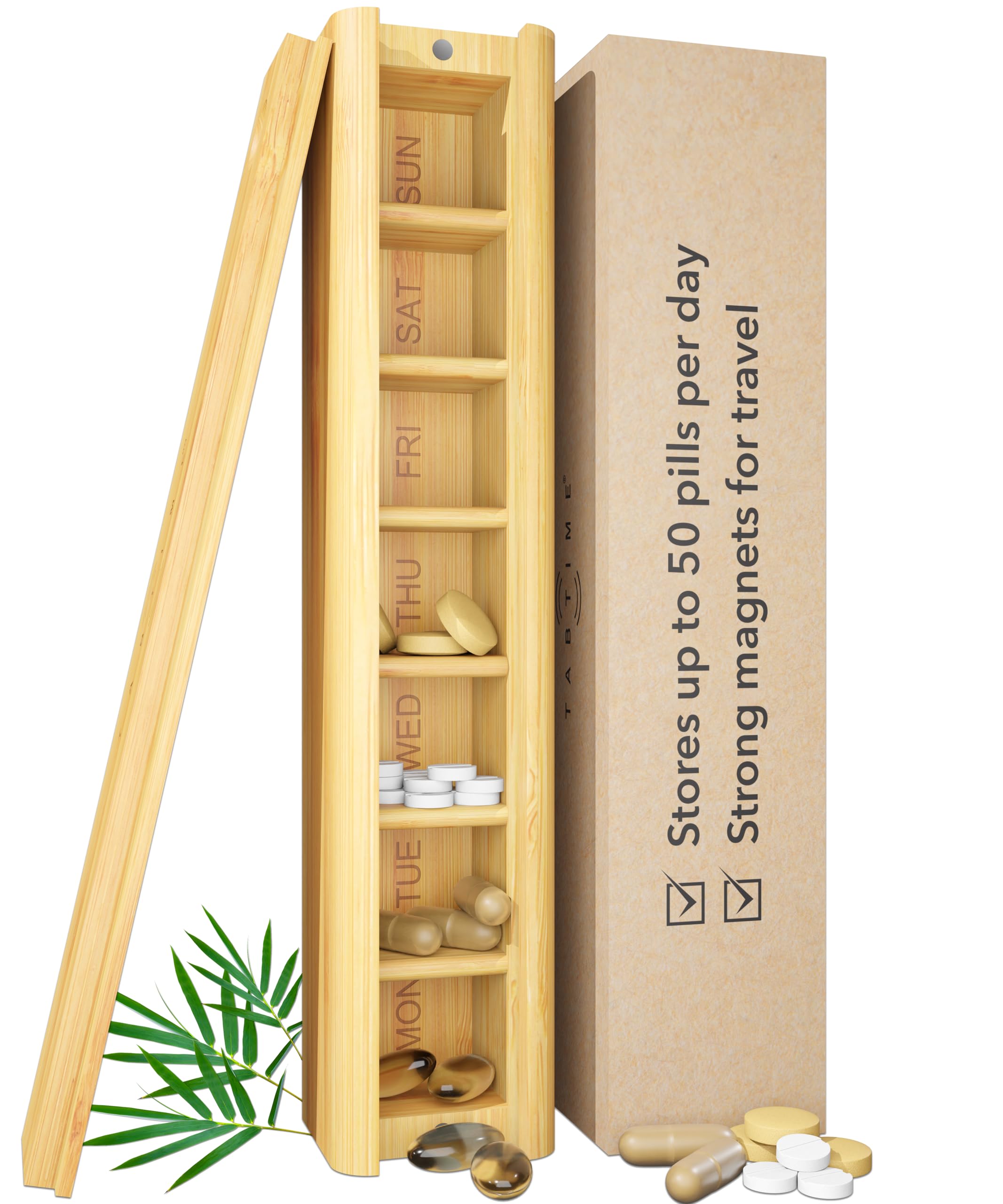 Bamboo Weekly Pill Box, 7 Day Pill Organiser, Perfect for Vitamins, Pills and Supplements