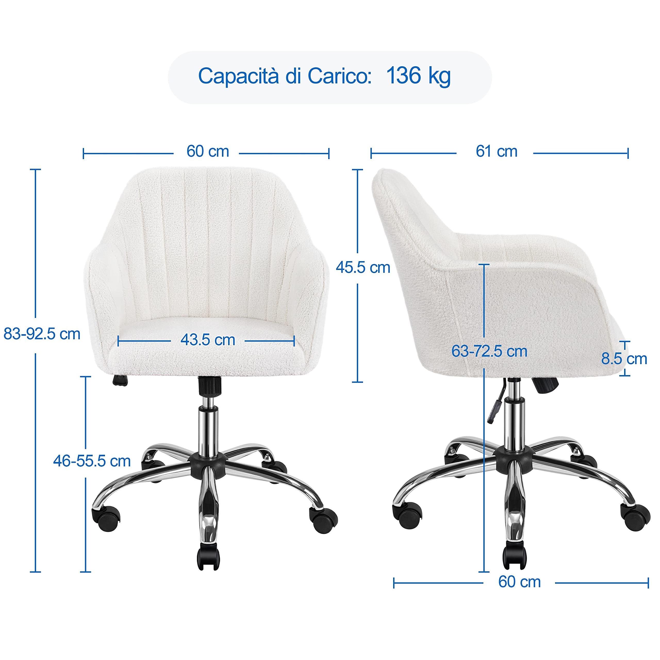 Yaheetech Sedia Scrivania Ergonomica Poltroncina Ufficio in Bouclé | Altezza Regolabile, con Braccioli, Girevole a 360°, Reclinabile 20°, Portata 136 kg, Avorio