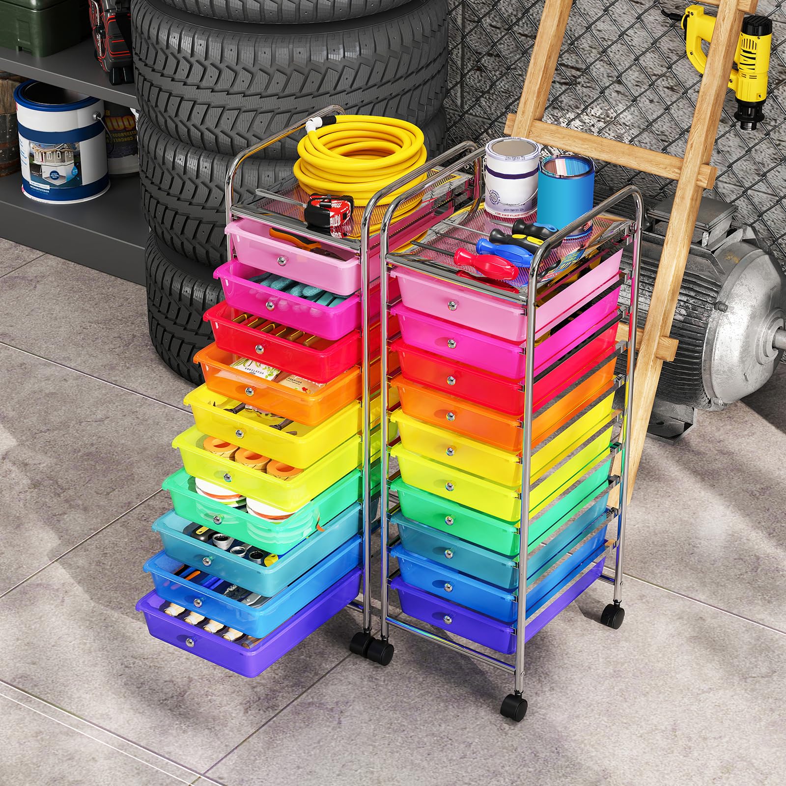 COSTWAY Carrello Portaoggetti con 10 Cassetti, Cassettiera con Ruote, Struttura in Metallo, Ruote Universali Bloccabili e Maniglia, Carrello Organizer per Casa, Ufficio (39 x 32 x 97 cm)