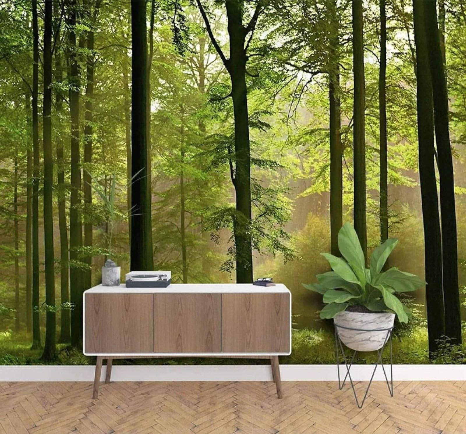 XLMING Fresh Three Dimensional Green Forest Landscape 3D Wallpaper Silky Texture Home Study Office Grey Dining Room Sofa Bedroom Living Room TV Backdrop-150cm×105cm