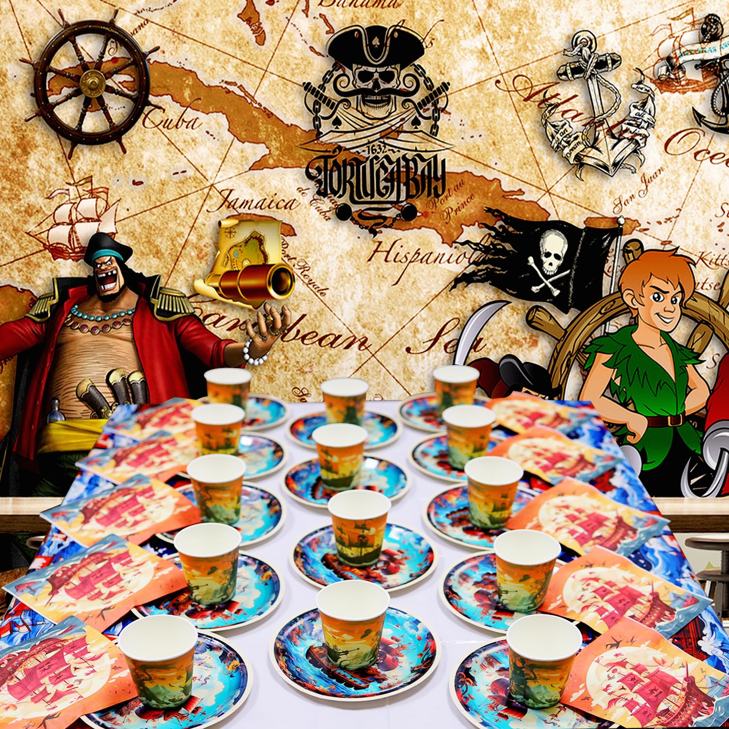 Compleanno Pirata Stoviglie,61 Pezzi Stoviglie Pirata per Feste,Feste Decorazione per Tema Pirata,Kit Compleanno Pirata conTazza,PiattoTovaglioli,Tovaglia per 20 Ospiti