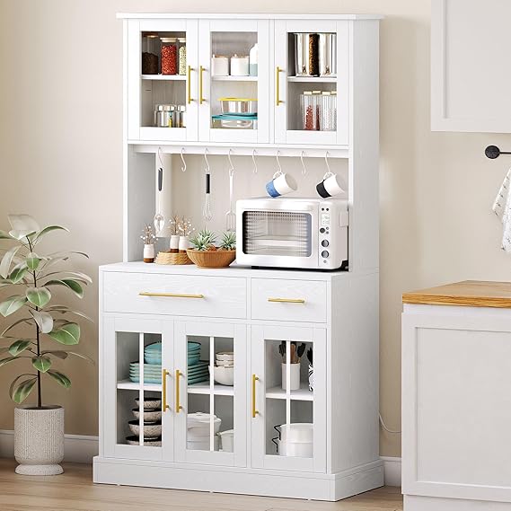 GOOBED 71" Pantry Cabinet with Power Outlet, Tall Kitchen Pantry Storage Cabinets with Microwave Stand, Farmhouse Kitchen Hutch with Drawers, Hook, Door and Shelves for Home Living Dining Room, White