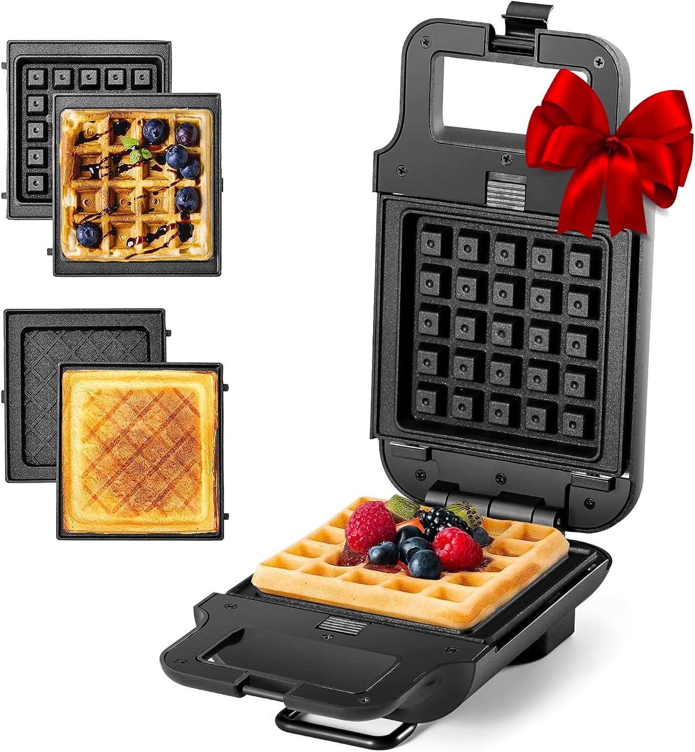 Mini Waffle Maker, Waffle Iron, Non-Stick 2-in-1 Waffle Machine with Removable Plates, Belgian Waffle Maker with Easy to Clean, Black