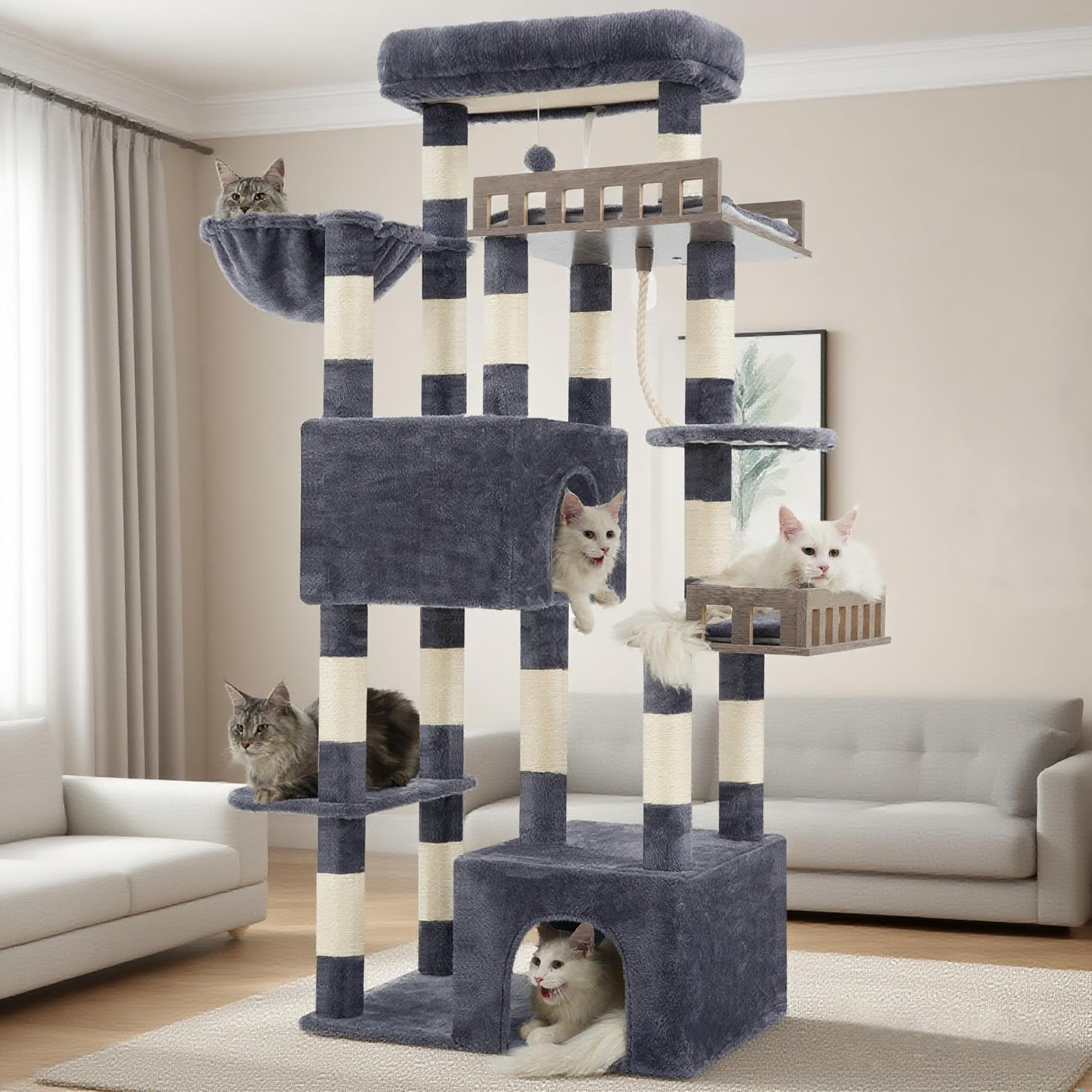 Gitelsnour Kratzbaum groß, Katzenbaum für große ausgewachsene Katzen, 174cm Katzenkratzbaum mit Hängematte, 2 große Sitzstangen, 2 Katzenhöhlen,15 Kratzstangen, Rauchgrau GCT033G