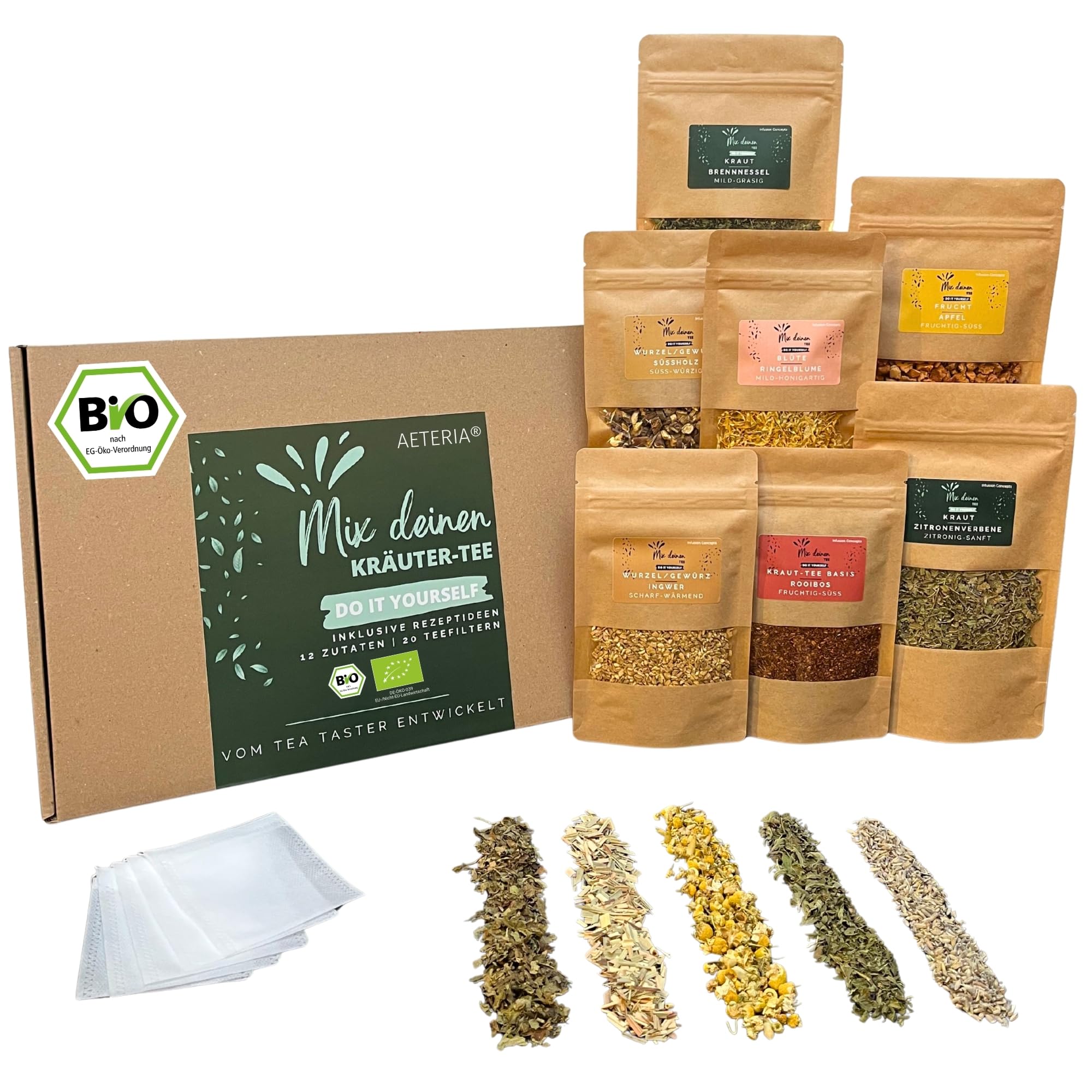 AETERIA® | Vom Tea Taster: BIO Mix deinen Kräutertee | Geschenkset – 12 Zutaten, Rezeptideen & Teefiltern | Kreatives Tee-Geschenk | DIY Teemischung selber machen Set - entdecke deinen Lieblingstee!