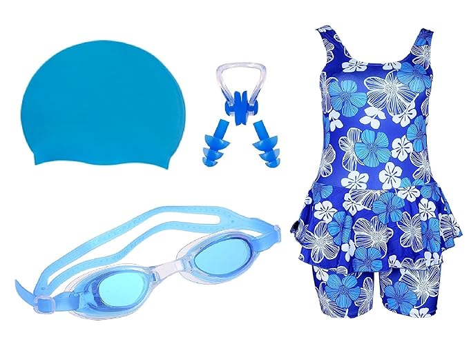 Golden Girl Girls Swimming Kit with Swimming Costume Swimming Goggles Silicone Swimming Cap Ear Plugs and Nose Plugs(Blue_10-11 Years)