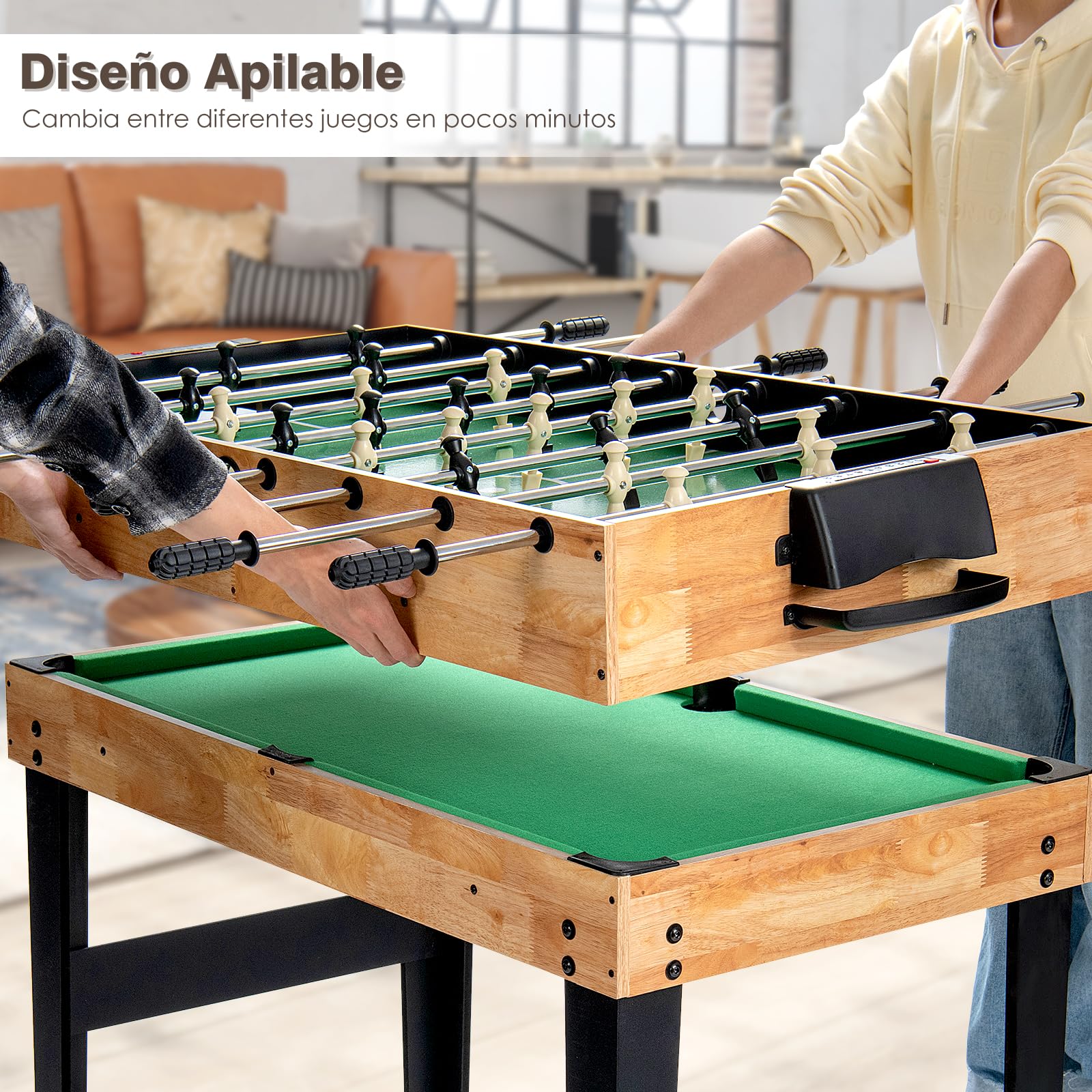 COSTWAY Mesa Multijuegos 10 en 1, Mesa de Juego Combinada con Futbolín, Hockey, Tenis de Mesa, Billar, Shuffleboard, Bolos, Ajedrez, Cartas, Damas y Backgammon, para Sala de Juegos, Bar, Club, Fiestas