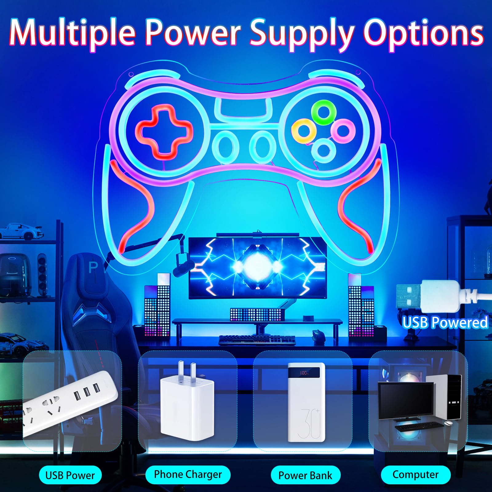 KHK Insegna al neon con controller di gioco, decorazione da parete per la stanza dei giocatori, insegna al neon da gioco per adolescenti, decorazione da parete a LED, regalo per ragazzi e bambini
