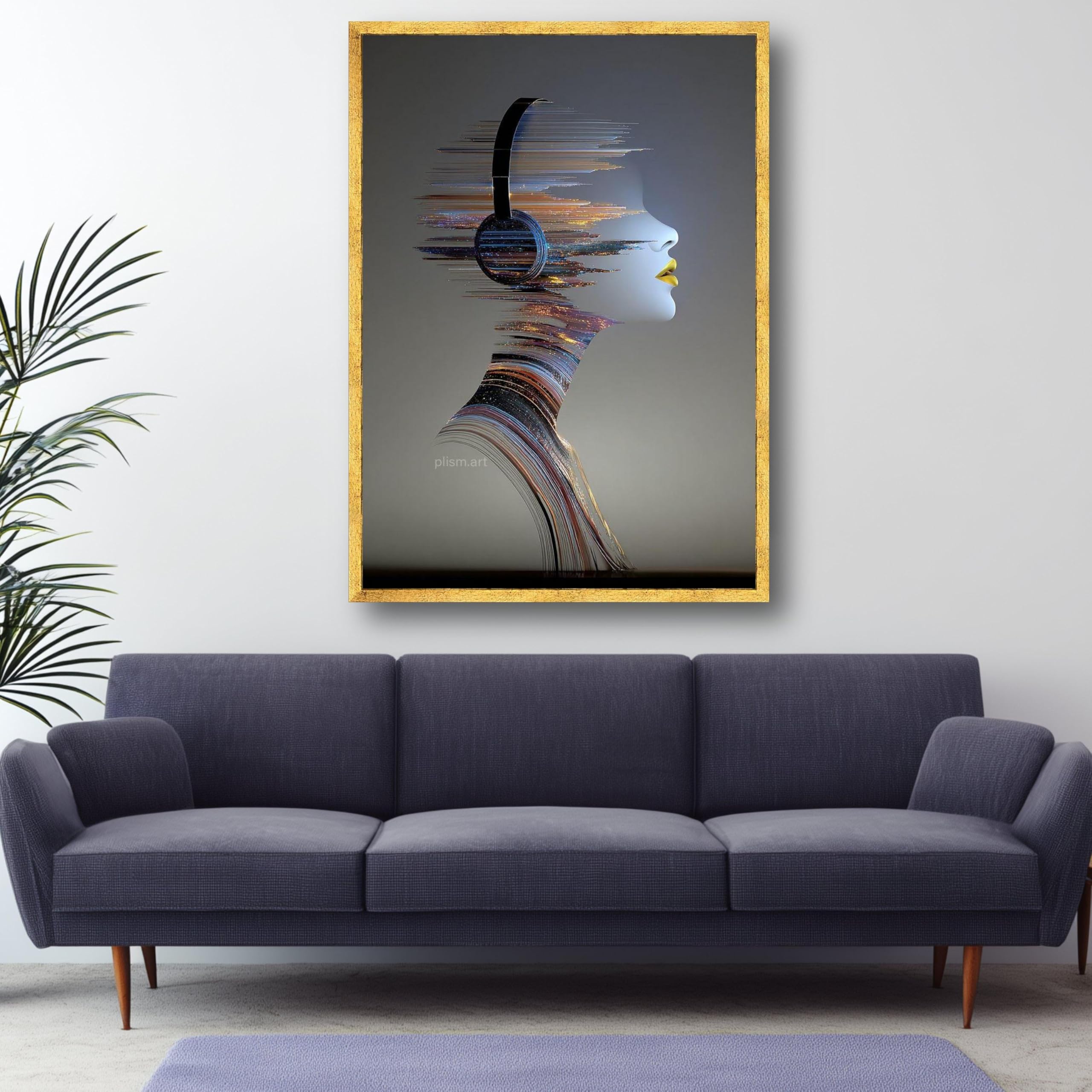 XINBAO Abstrakcyjny profil kobiety obraz na płótnie, futurystyczny zestaw słuchawkowy sztuka ścienna portret muzyczny wystrój domu artystyczny design (21 x 30 cm/wewnętrzna rama)