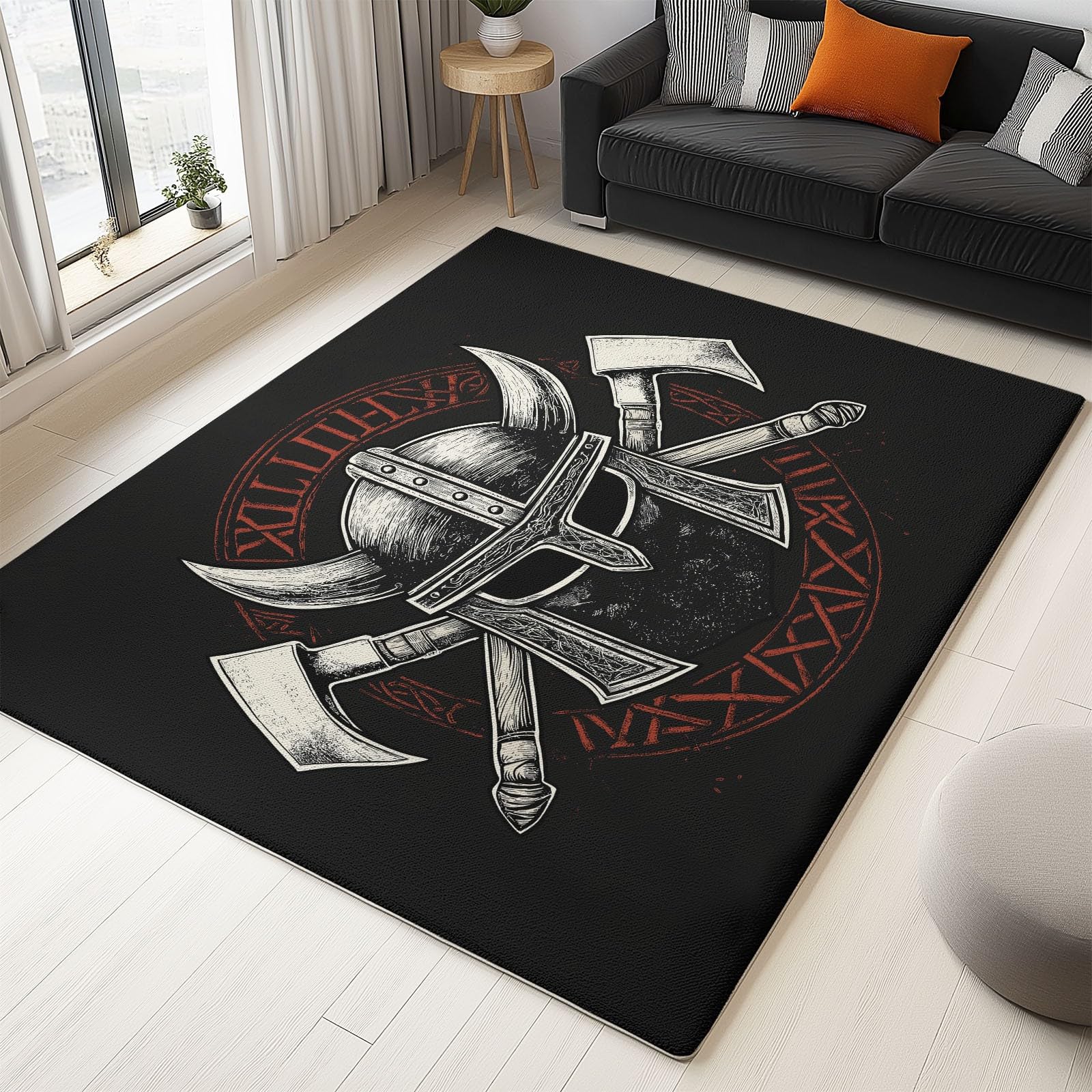 Area Rug Signs Viking Helmets Axes 60 x 120 cm Short Pile & Flannel Easy Care Rug, Black Anti-Skid Carpets Indoor Non Slip Mat Living Room Bedroom Dining Floor Kitchen Runner